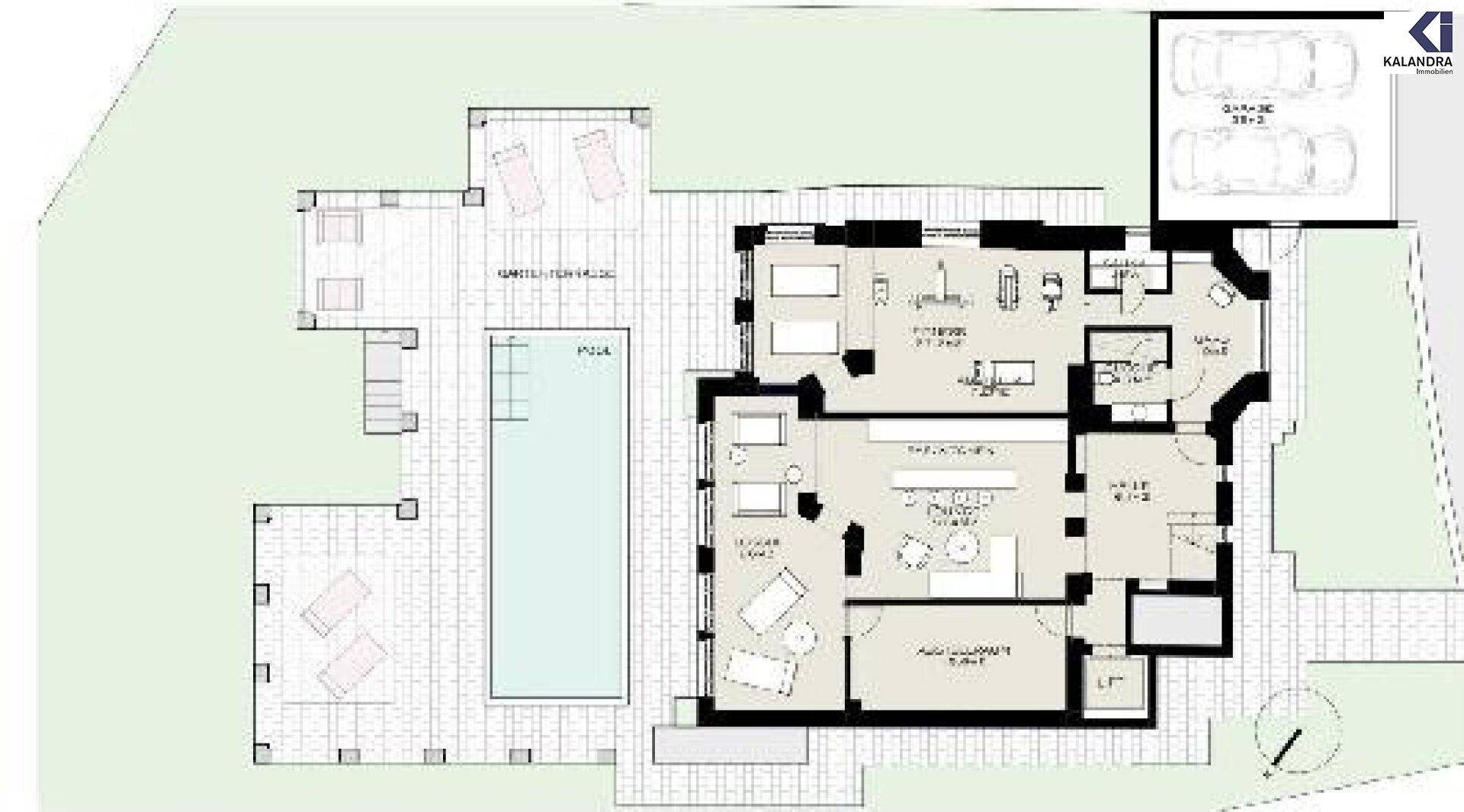Grundriss des Obergeschosses mit Schlafzimmern, Bädern, Terrasse und Doppelgarage.