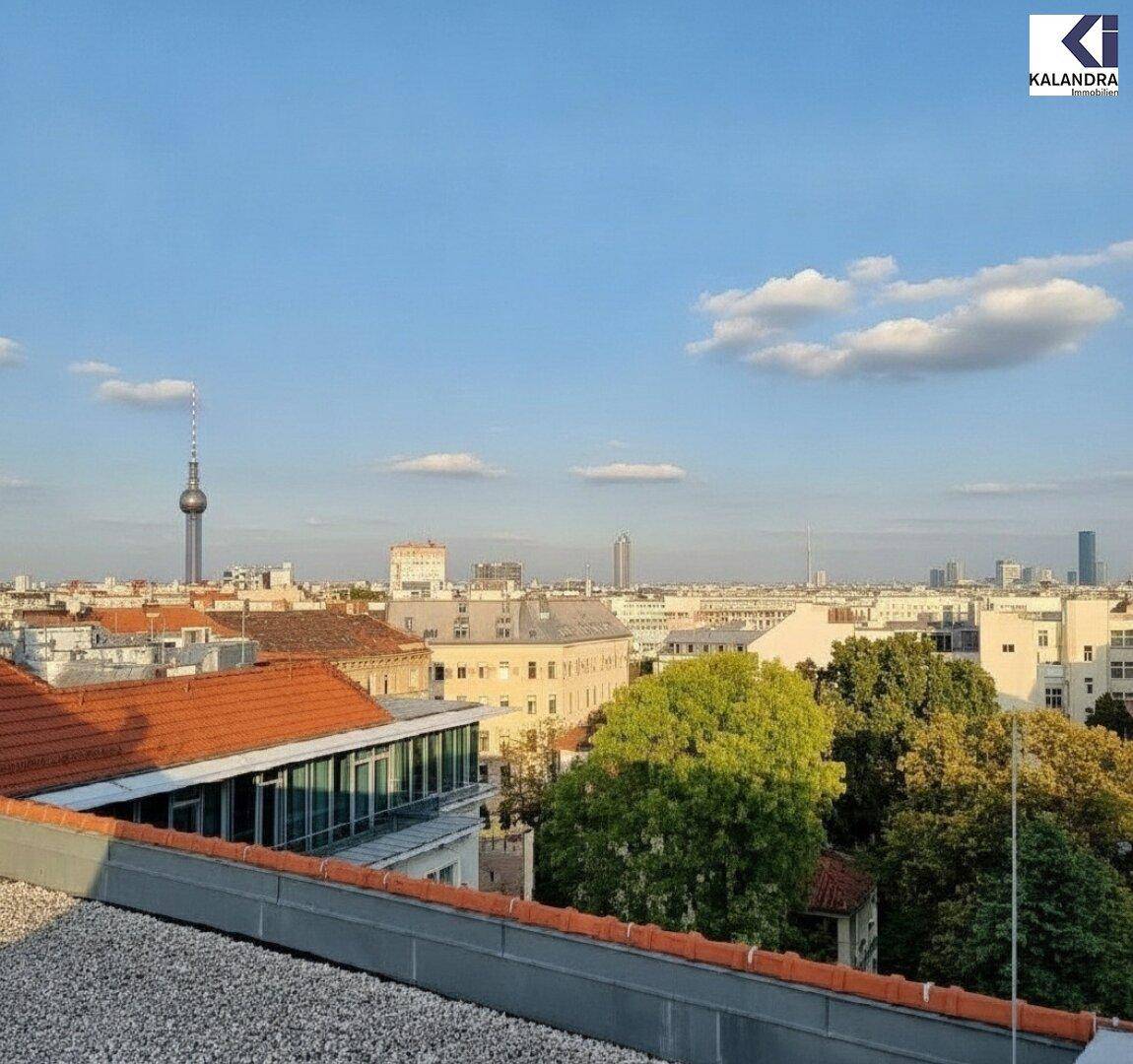 Panoramablick über die Stadt mit dem Berliner Fernsehturm am Horizont unter blauem Himmel.
