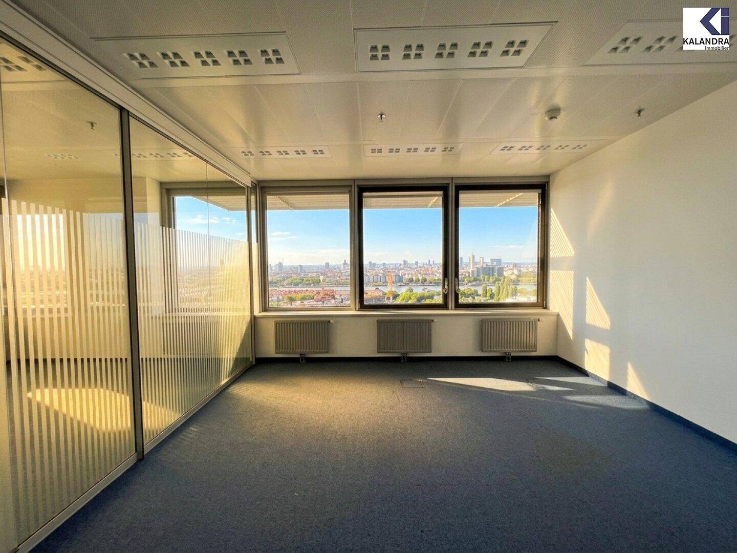 Leeres Büro mit Teppichboden und Glaswand, die einen weiten Blick auf die Stadt und das Wasser durch die Fenster ermöglicht.