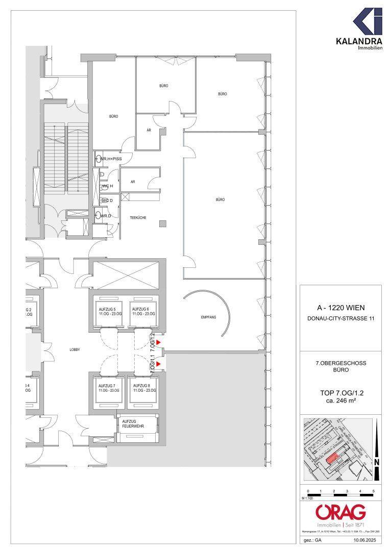 Grundriss des 7. Obergeschosses mit mehreren Büroräumen und Empfangsbereich, ca. 246 m².