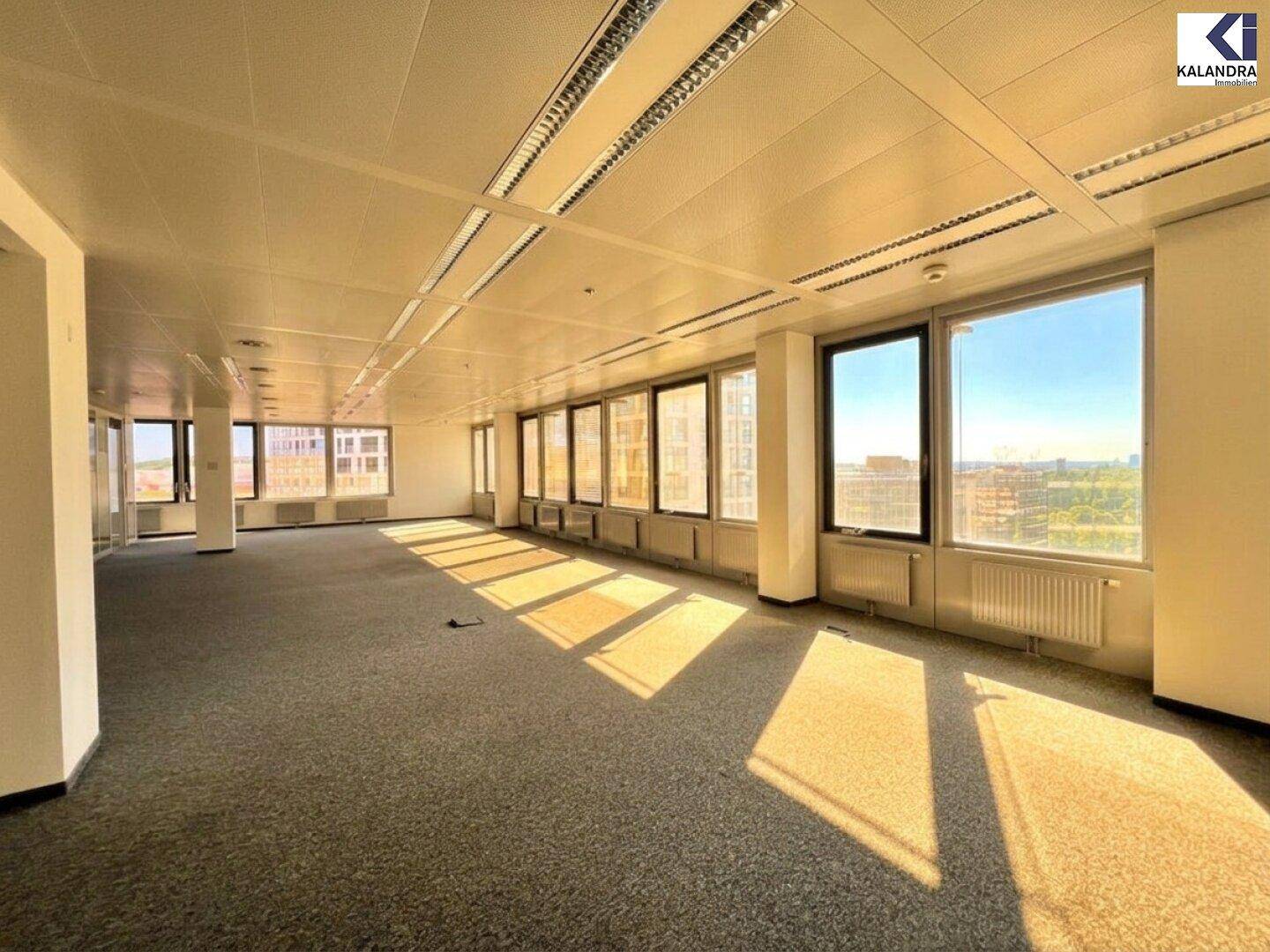 Heller Büroraum mit Teppichboden und durchgehender Fensterfront, die eine offene und einladende Atmosphäre schafft.