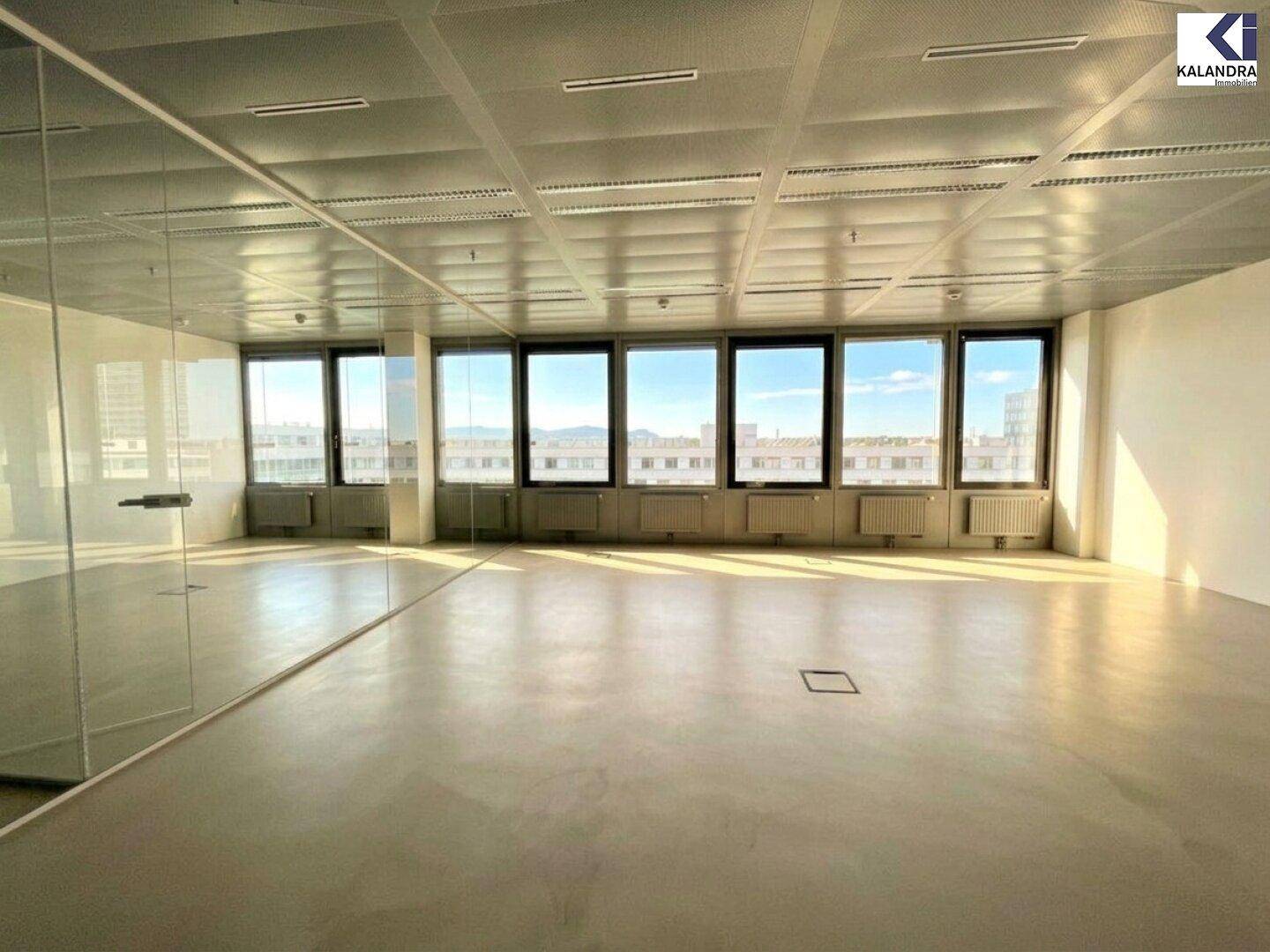 Modernes Büro mit Betonboden und Glaswänden, bietet eine offene und helle Arbeitsumgebung mit Stadtblick.