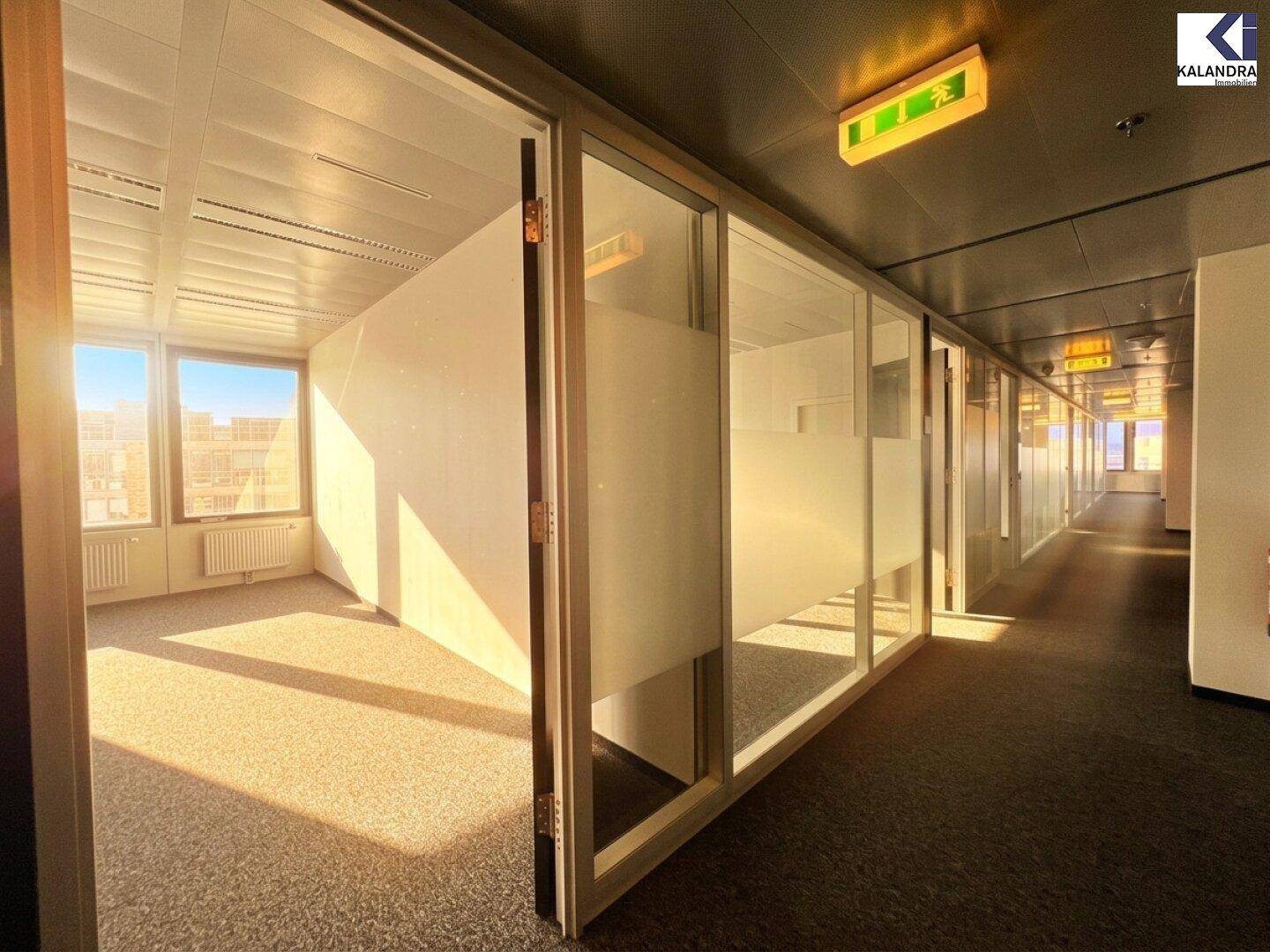 Bürogang mit Glaswänden und Zugang zu hellen Büroräumen, bietet eine moderne und offene Atmosphäre.