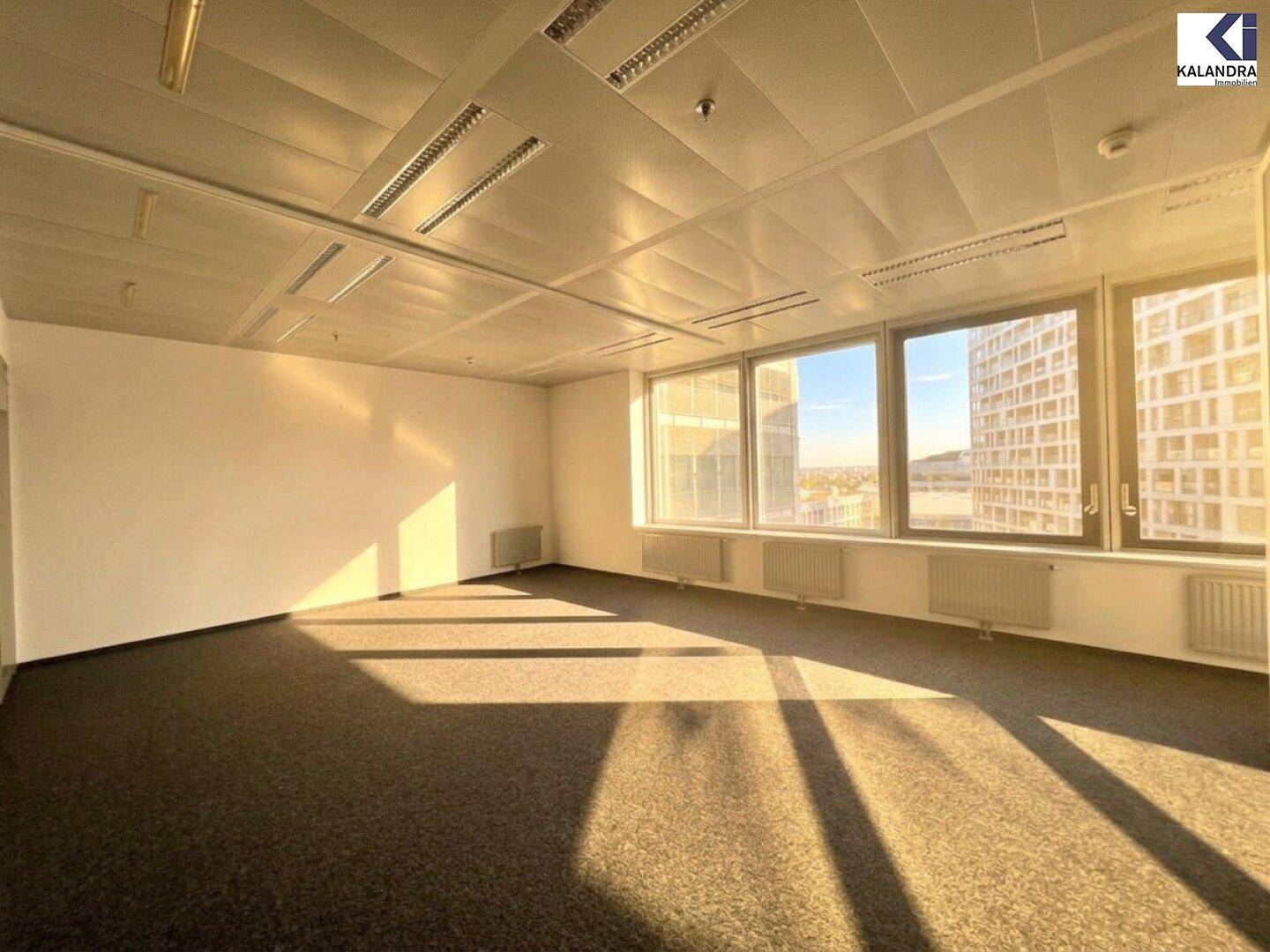 Geräumiges Büro mit Teppichboden und großen Fenstern, die den Raum mit natürlichem Licht durchfluten und einen Stadtblick bieten.