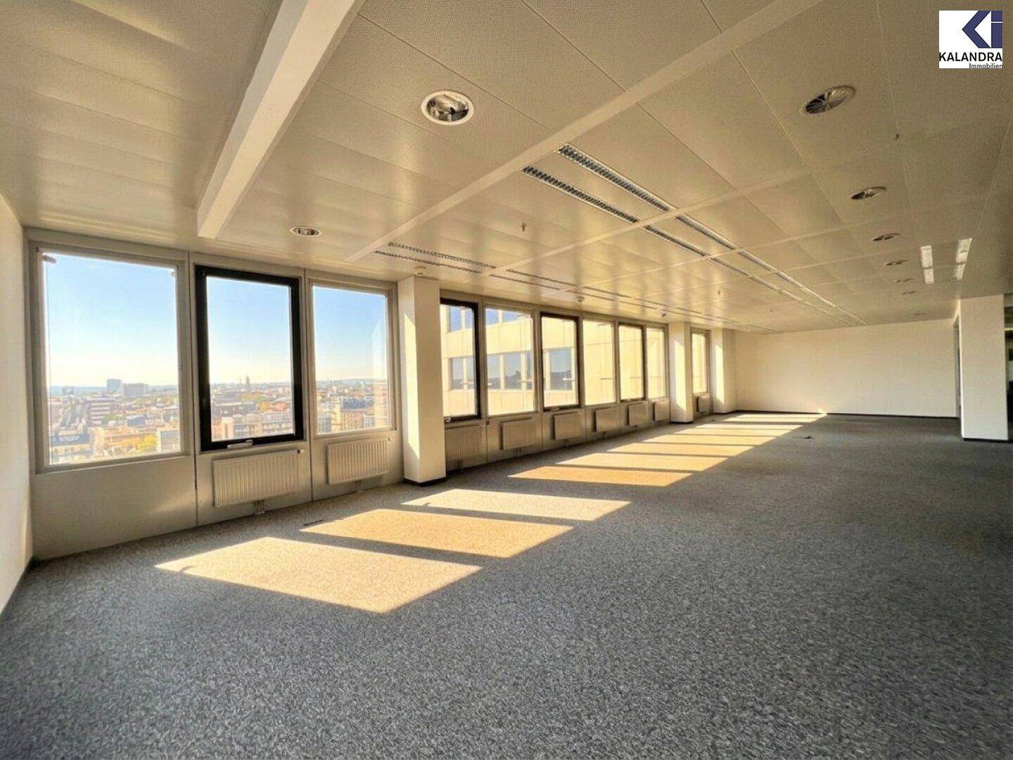 Weitläufiges Büro mit Teppichboden und zahlreichen Fenstern, die den Raum mit natürlichem Licht durchfluten.