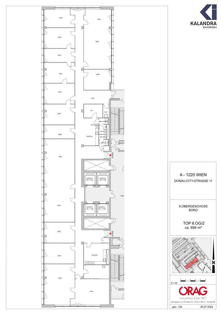 Grundriss des 8. Obergeschosses mit mehreren Büroeinheiten und zentralem Erschließungskern.