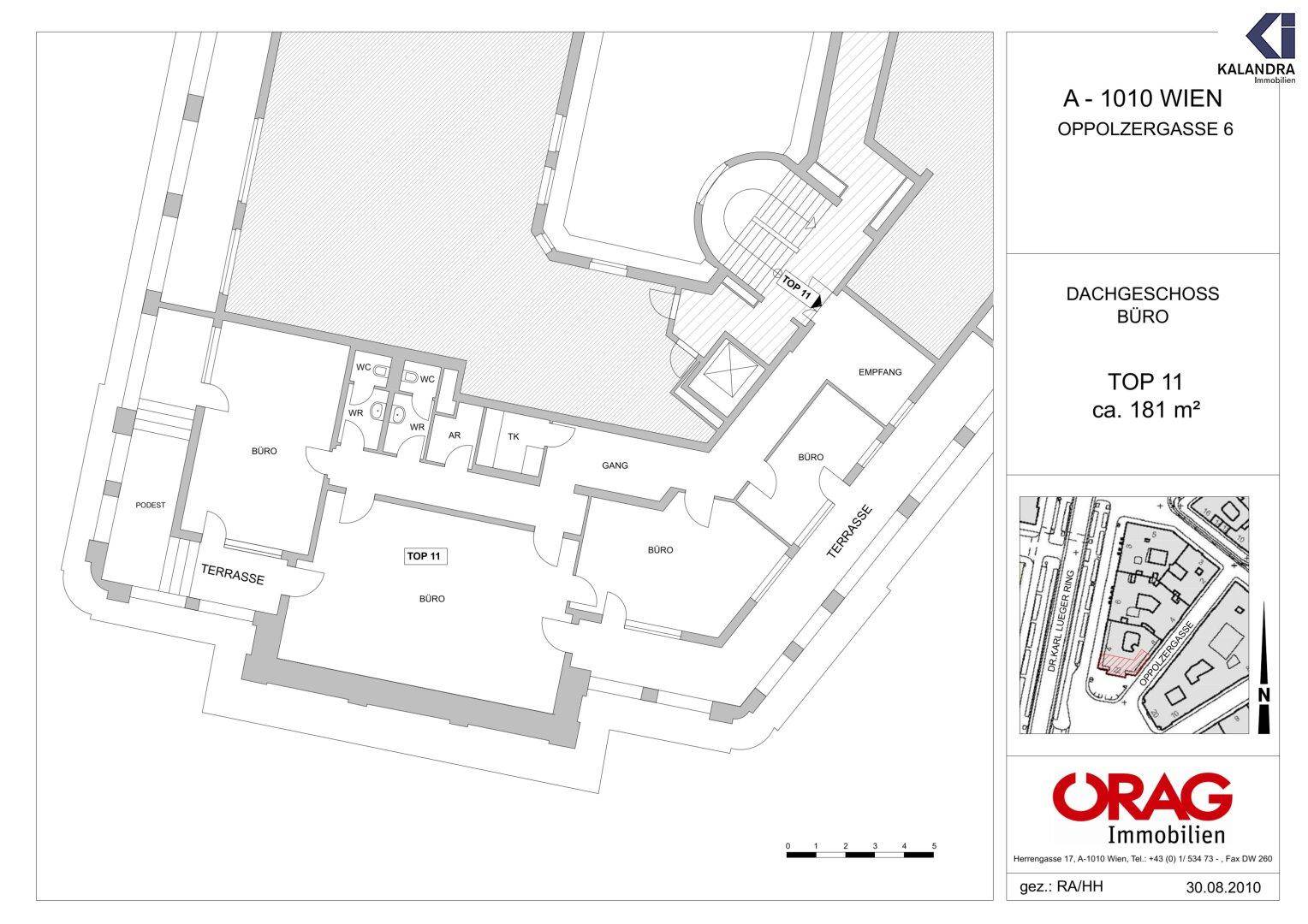 Detaillierter Grundriss des Dachgeschosses mit Büroräumen und Terrassen, inklusive Flächenangabe.