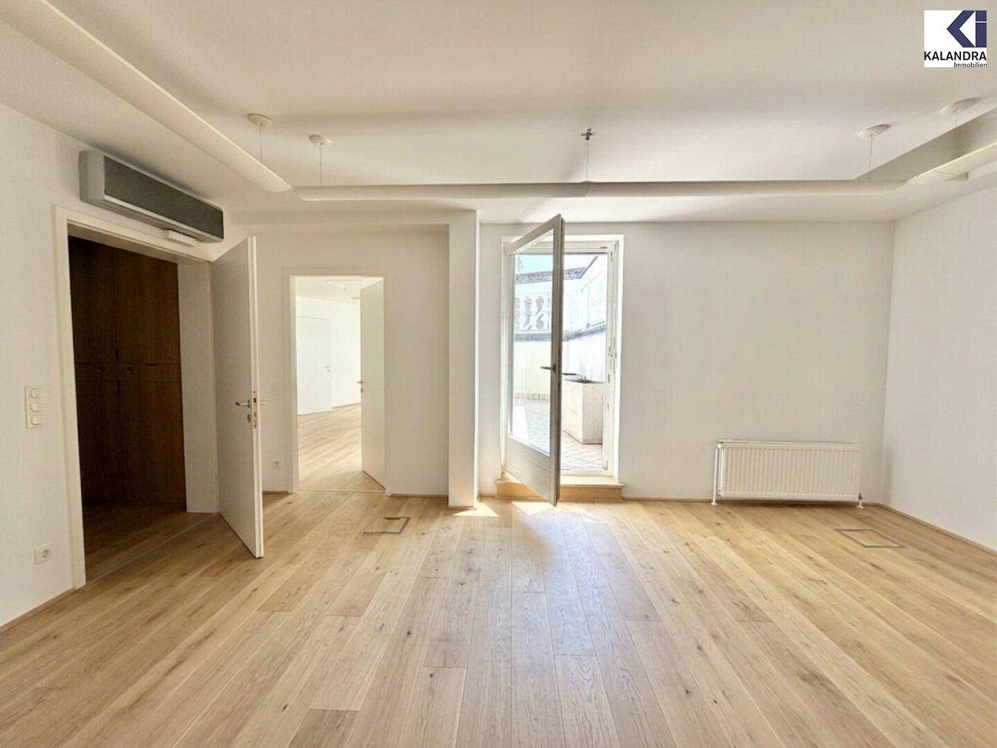 Heller Wohnraum mit Holzboden, Klimaanlage und offener Tür, die zu einem sonnigen Außenbereich führt.