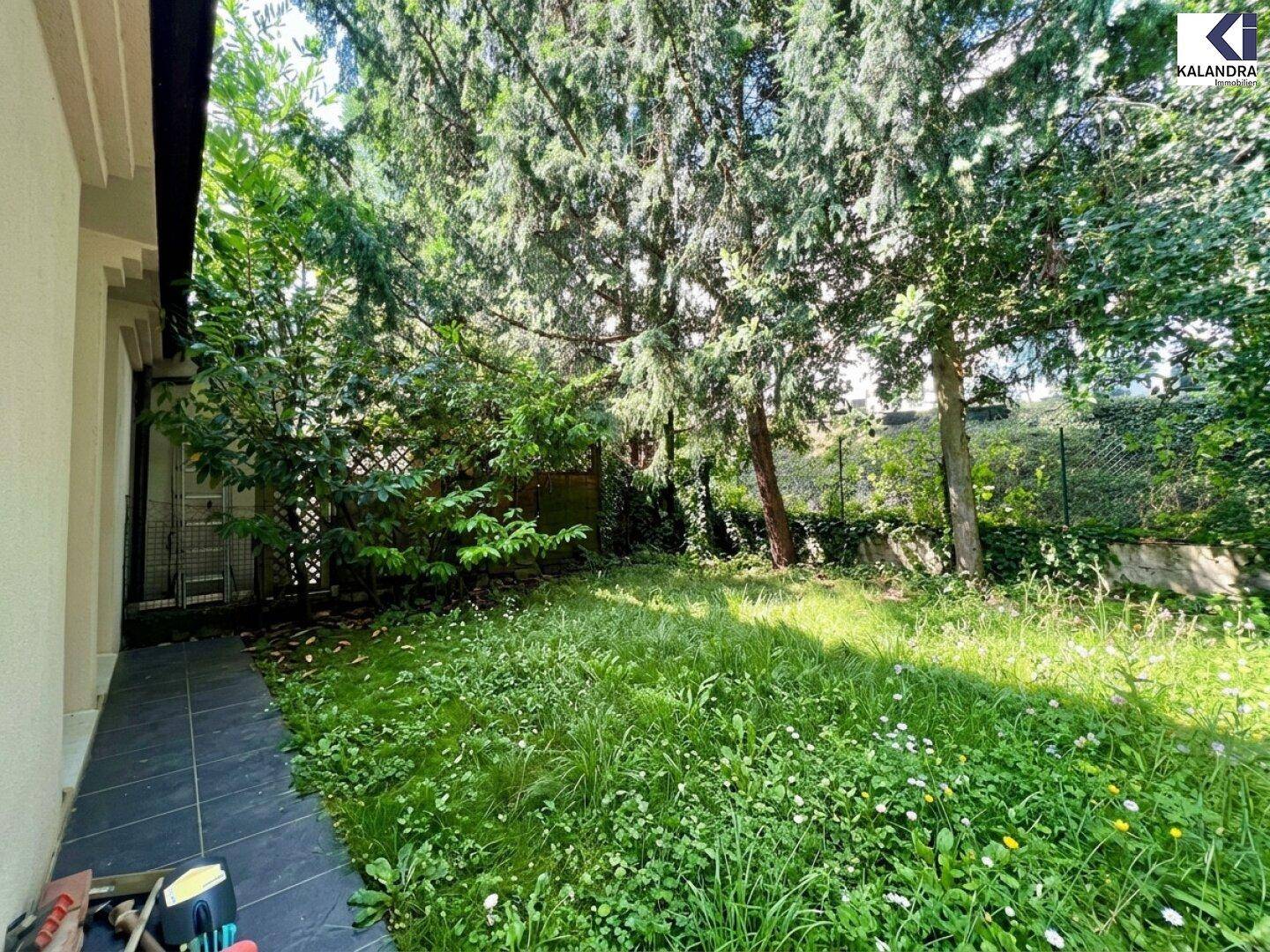 Grüner Gartenbereich mit Rasenfläche und hohen Bäumen, ideal zum Entspannen.