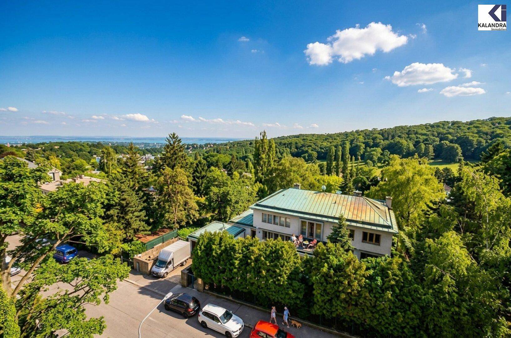 Panoramablick auf das Anwesen mit üppiger grüner Umgebung und Fernsicht.