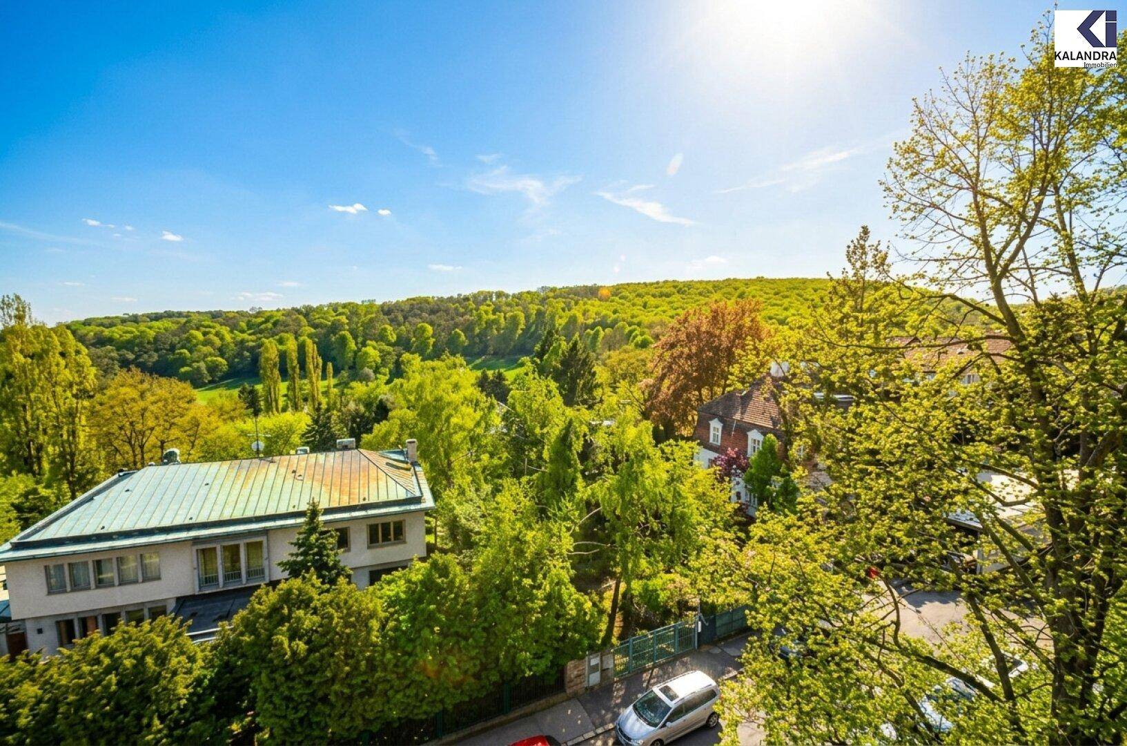 Weitläufiger Blick auf die grüne Landschaft und das Anwesen unter strahlendem Sonnenschein.