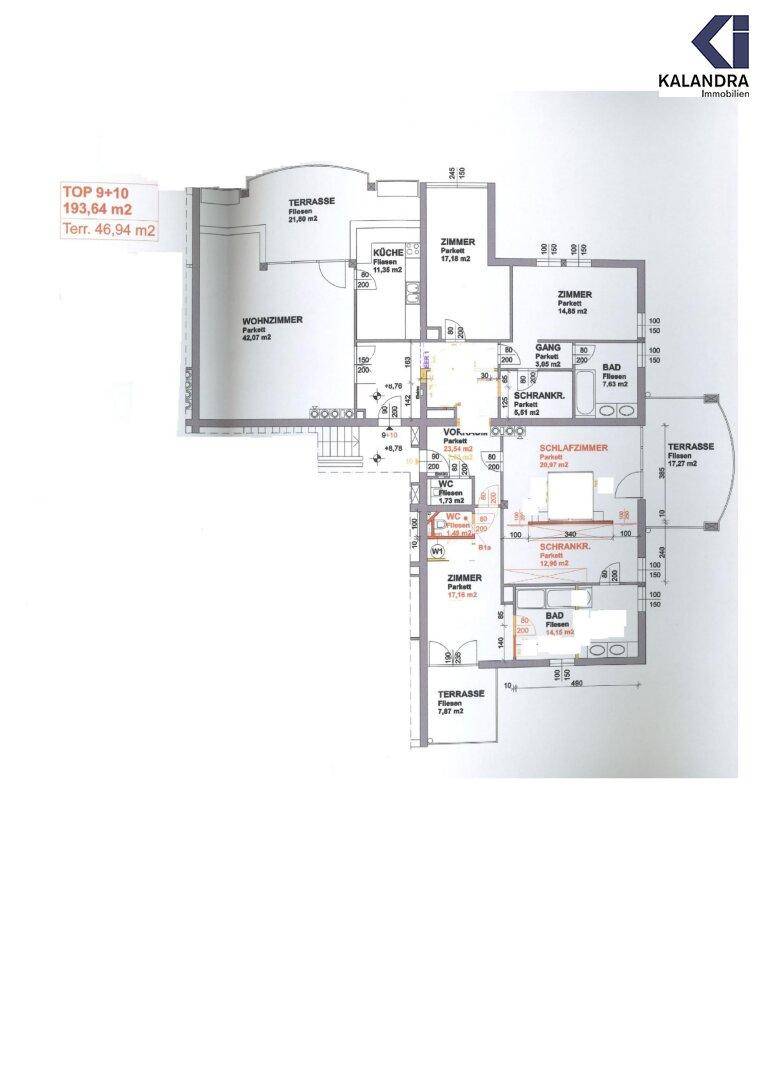 Detaillierter Grundriss der Wohnung mit Terrassen und Raumaufteilung.
