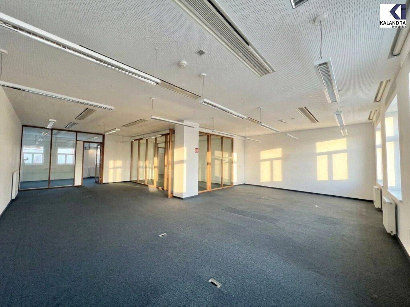 Geräumiger, leerer Bürobereich mit dunklem Teppichboden und modernen Glasabtrennungen für separate Arbeitsbereiche.