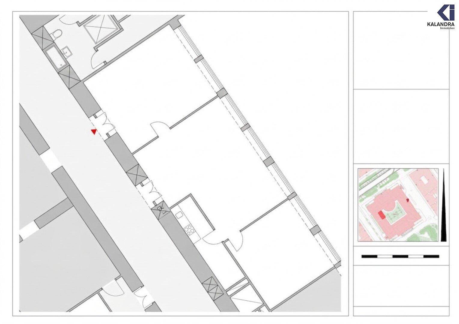 Grundrissplan eines Bürogeschosses mit mehreren Räumen und Sanitärbereichen, inklusive Lageplan.