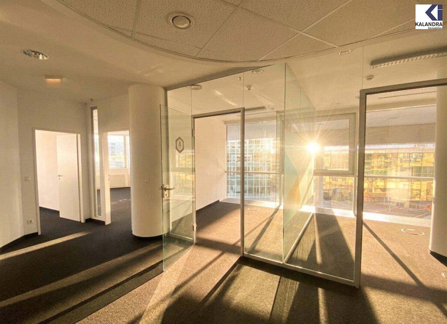 Büro mit Glaswänden und Teppichboden, das viel Sonnenlicht und eine offene Atmosphäre bietet, mit Stadtblick.