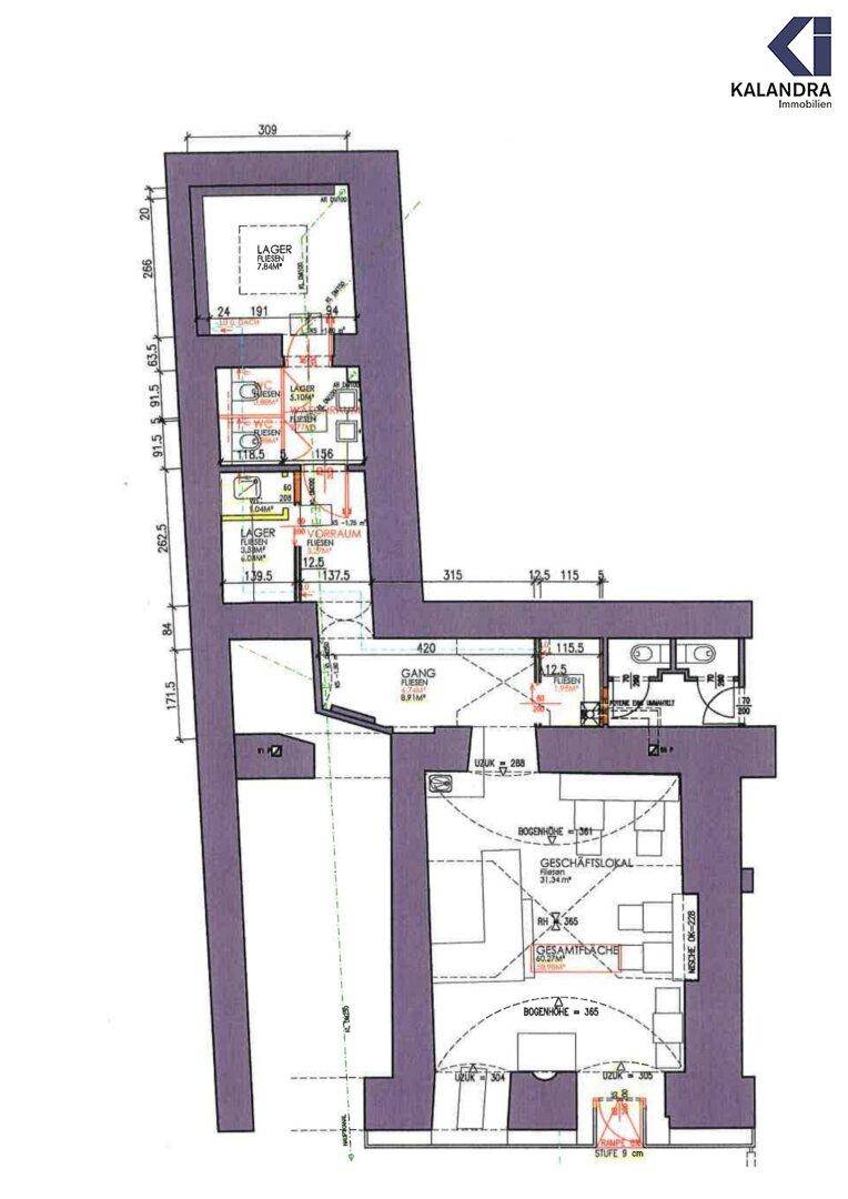 Grundriss eines Geschäftsraums mit Lagerbereichen und Sanitäranlagen, übersichtlich dargestellt.