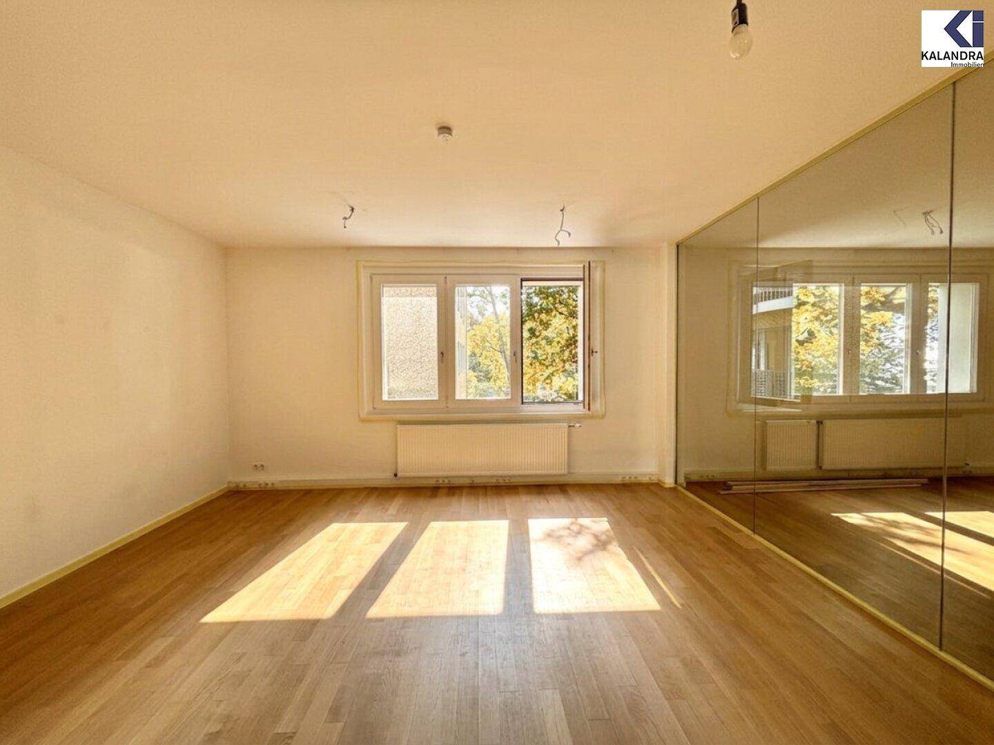 Unmöblierter Wohnbereich mit Holzboden und einem großen Fenster, das viel Tageslicht hereinlässt.