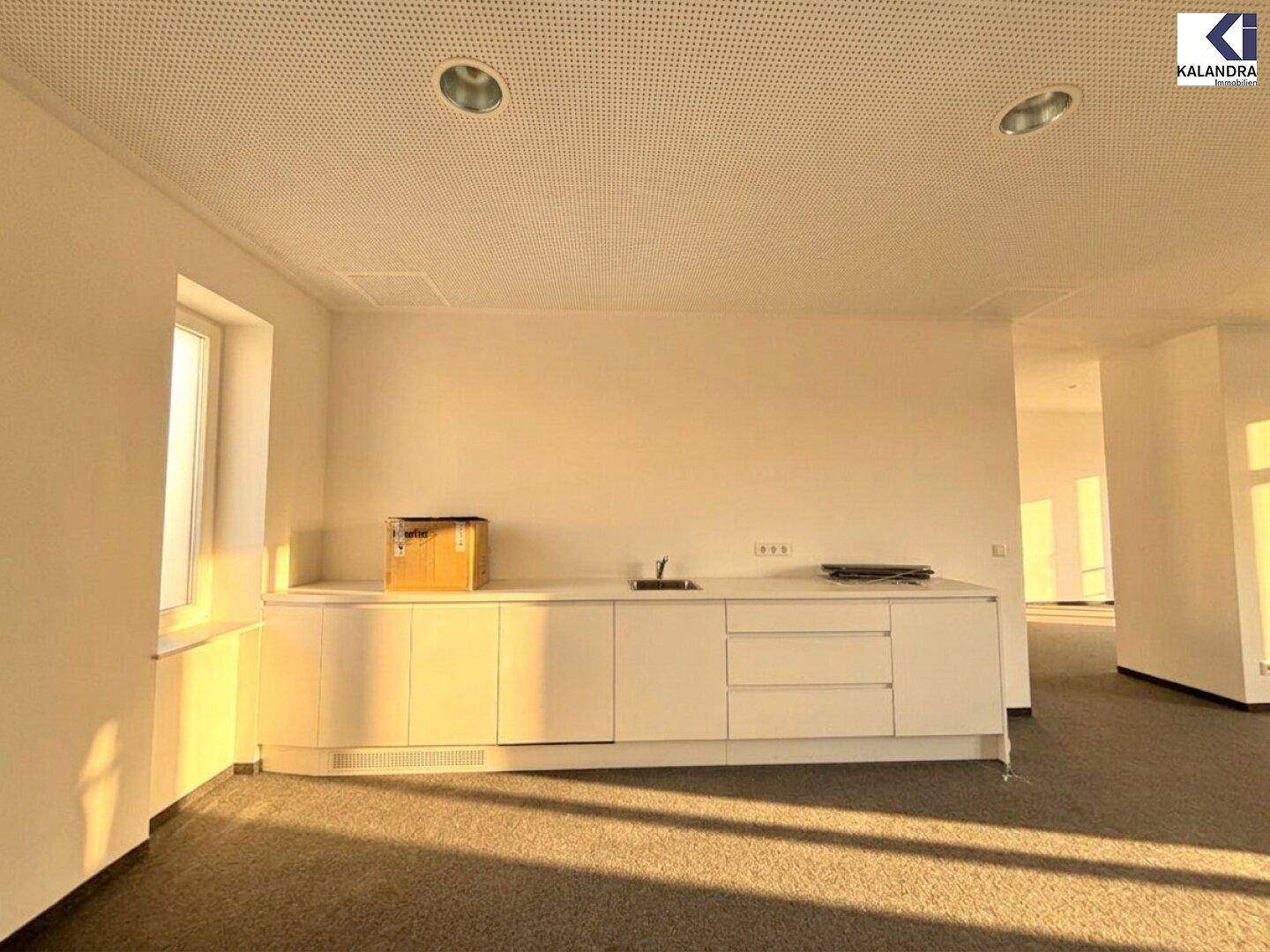 Kleine Küchenzeile mit Spüle und weißen Unterschränken in einem hellen Raum mit Teppichboden.