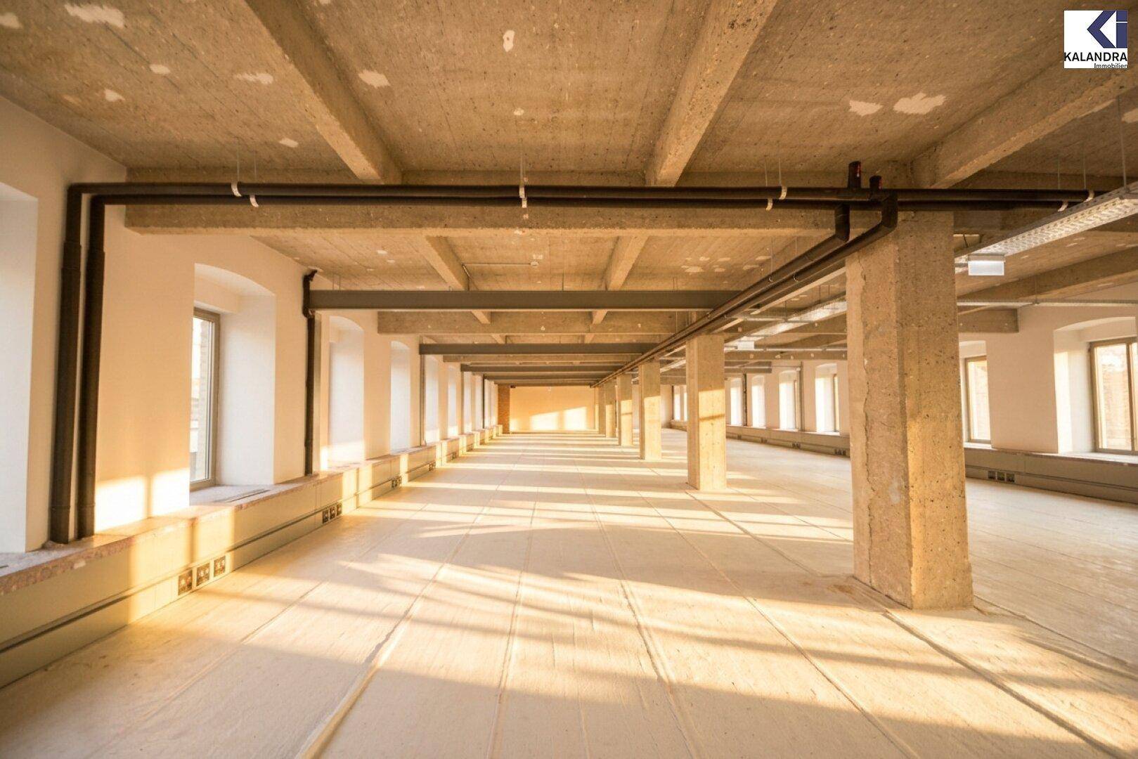 Geräumiger Bürobereich mit Betonstützen, freiliegenden Rohren und viel Sonnenlicht durch die Fenster.