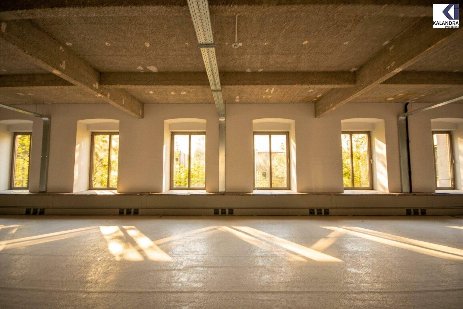 Innenraum mit mehreren Fenstern, die viel natürliches Licht hereinlassen und eine grüne Aussicht bieten.