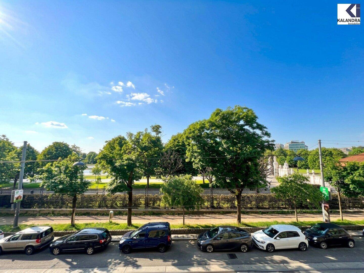 Blick auf eine sonnige Straße mit parkenden Autos und einem grünen Park im Hintergrund unter blauem Himmel.
