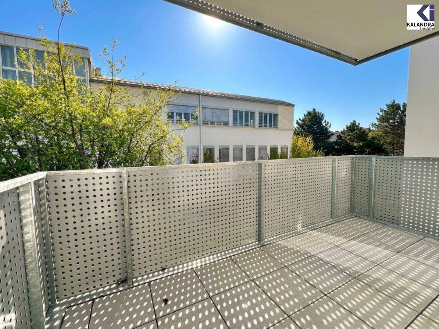 Sonniger Balkon mit moderner Lochblechbrüstung und Blick ins Grüne.