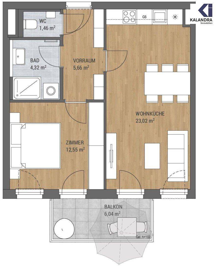 Detaillierter Grundriss einer modernen Wohnung mit effizienter Raumaufteilung.