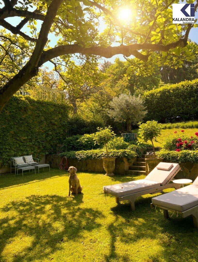 Idyllischer, sonniger Garten mit Rasenfläche, bequemen Liegestühlen und einem Hund unter alten Bäumen.