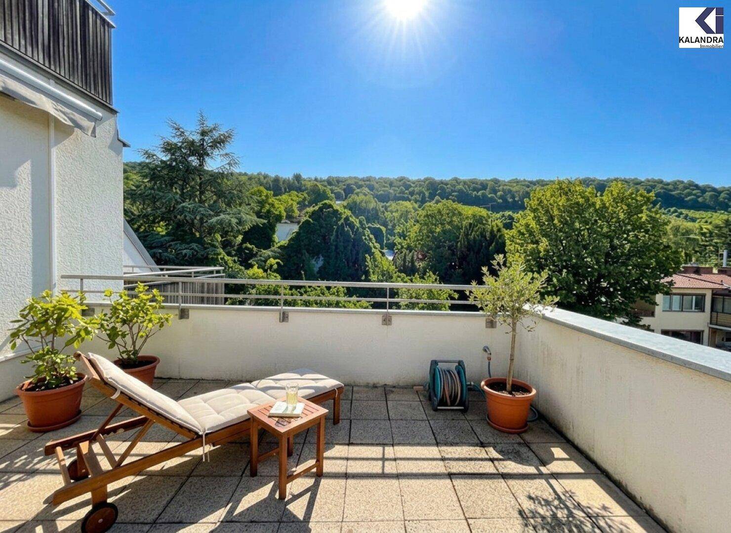Sonnige Terrasse mit Liegestuhl und Topfpflanzen, ideal zum Entspannen im Freien.