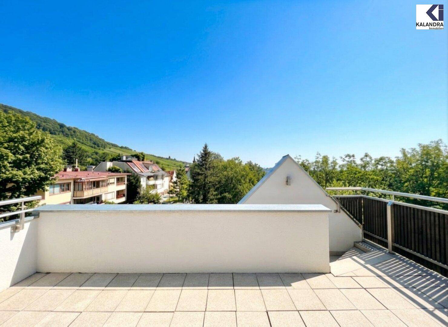 Weitläufige Terrasse mit freiem Blick auf die grüne Hügellandschaft und die Umgebung.