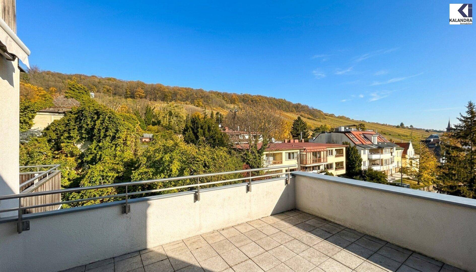 Geräumige Terrasse mit Blick auf die herbstliche Landschaft und die umliegenden Weinberge.