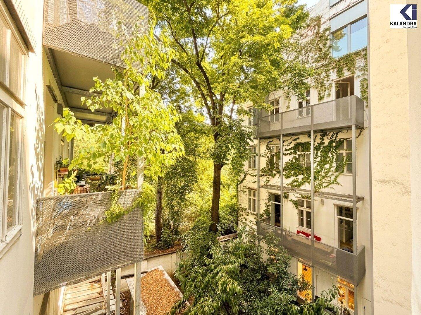 Blick vom Balkon in einen grünen Innenhof mit vielen Bäumen und üppiger Vegetation.