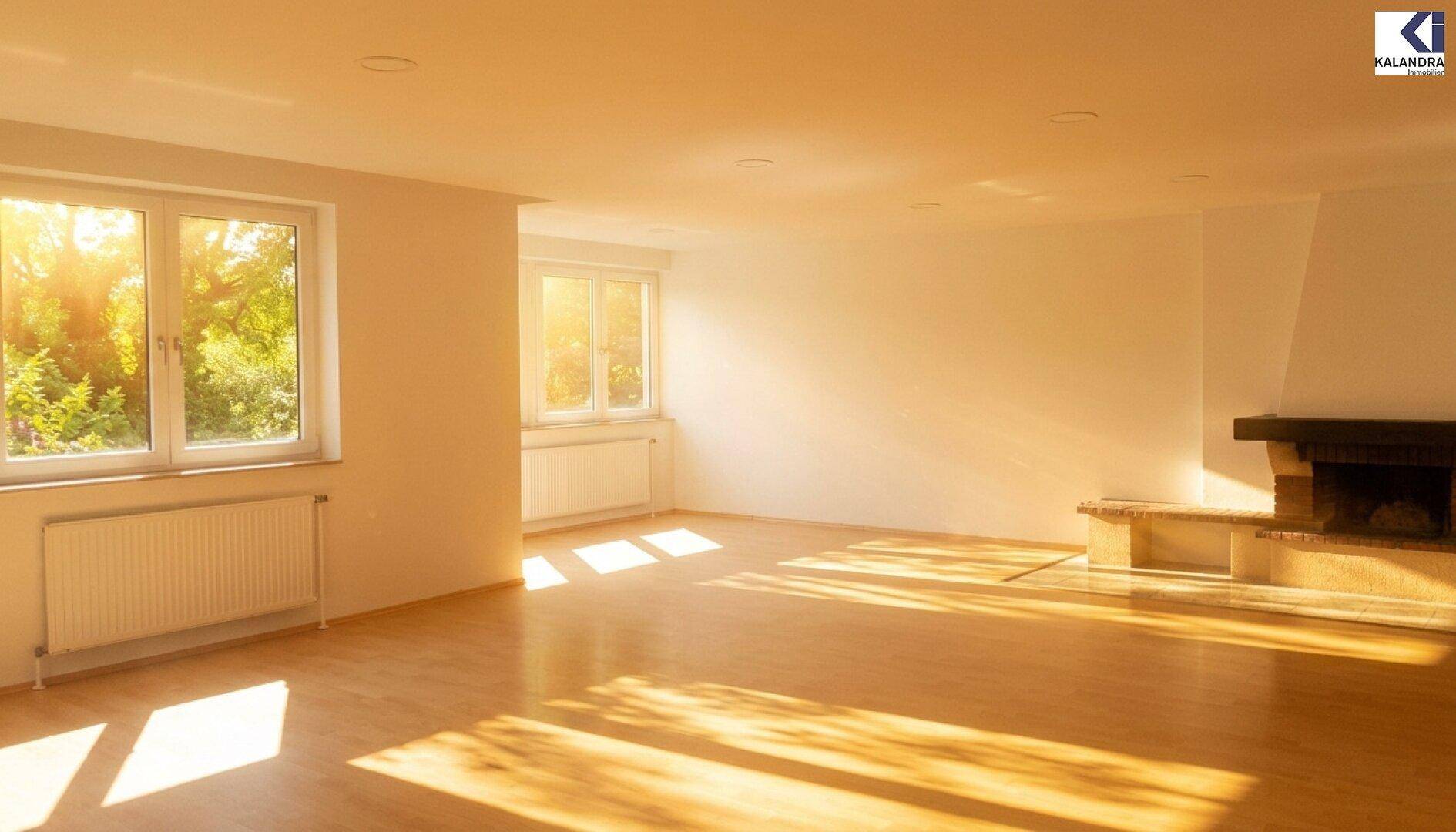 Lichtdurchflutetes Wohnzimmer mit Kamin, Parkettboden und Ausblick ins Grüne.
