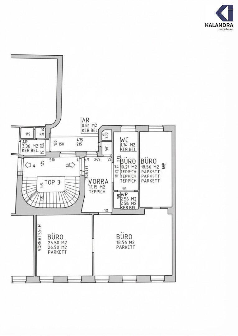 Grundriss der Wohnung mit mehreren Büroräumen und einem WC.