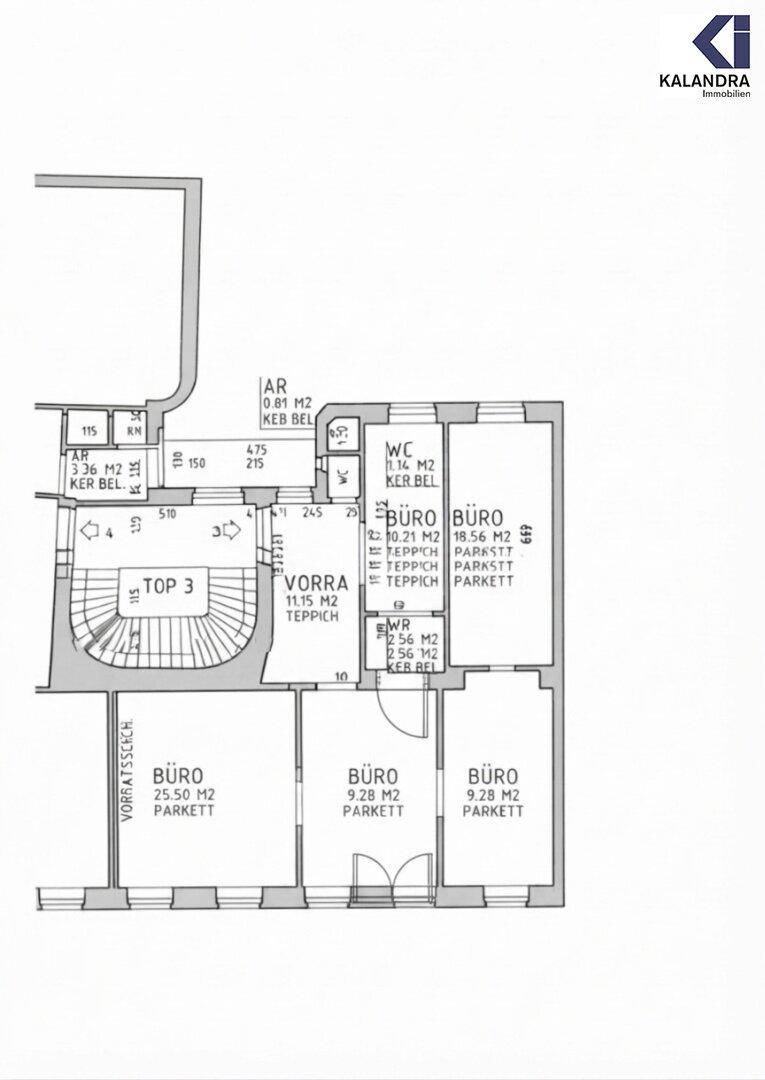 Grundriss der Wohnung mit mehreren Büroräumen und einem WC.