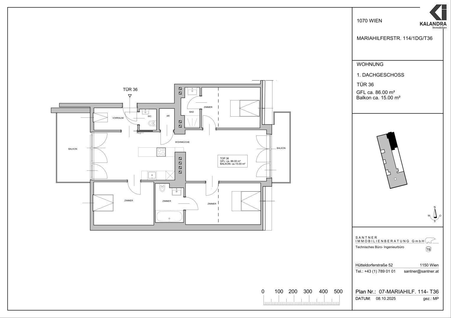 Grundriss der Wohnung im Dachgeschoss mit 86 m² Wohnfläche und 15 m² Balkon.