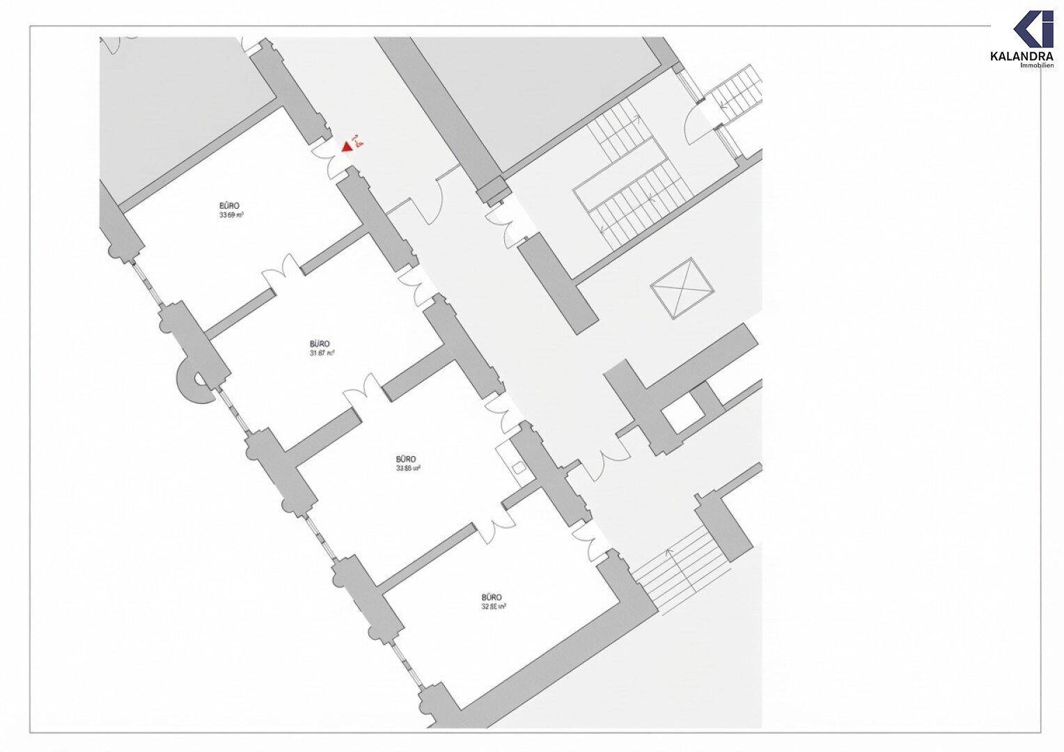 Grundrissplan mit der Anordnung mehrerer Büroräume und den Zugang zu Treppenhäusern.