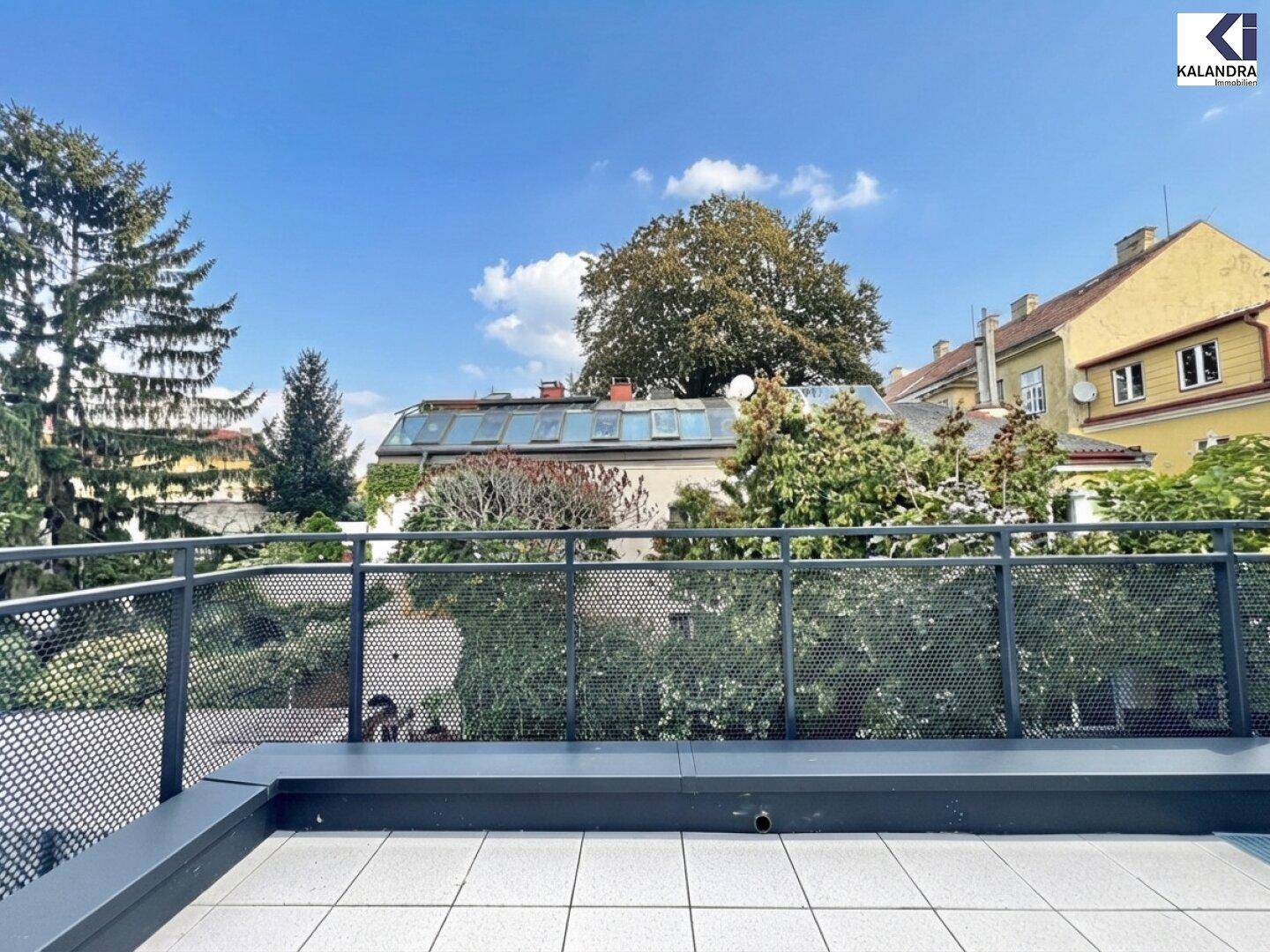 Panoramablick von der Terrasse auf die grüne Umgebung und die Dächer der Nachbargebäude.