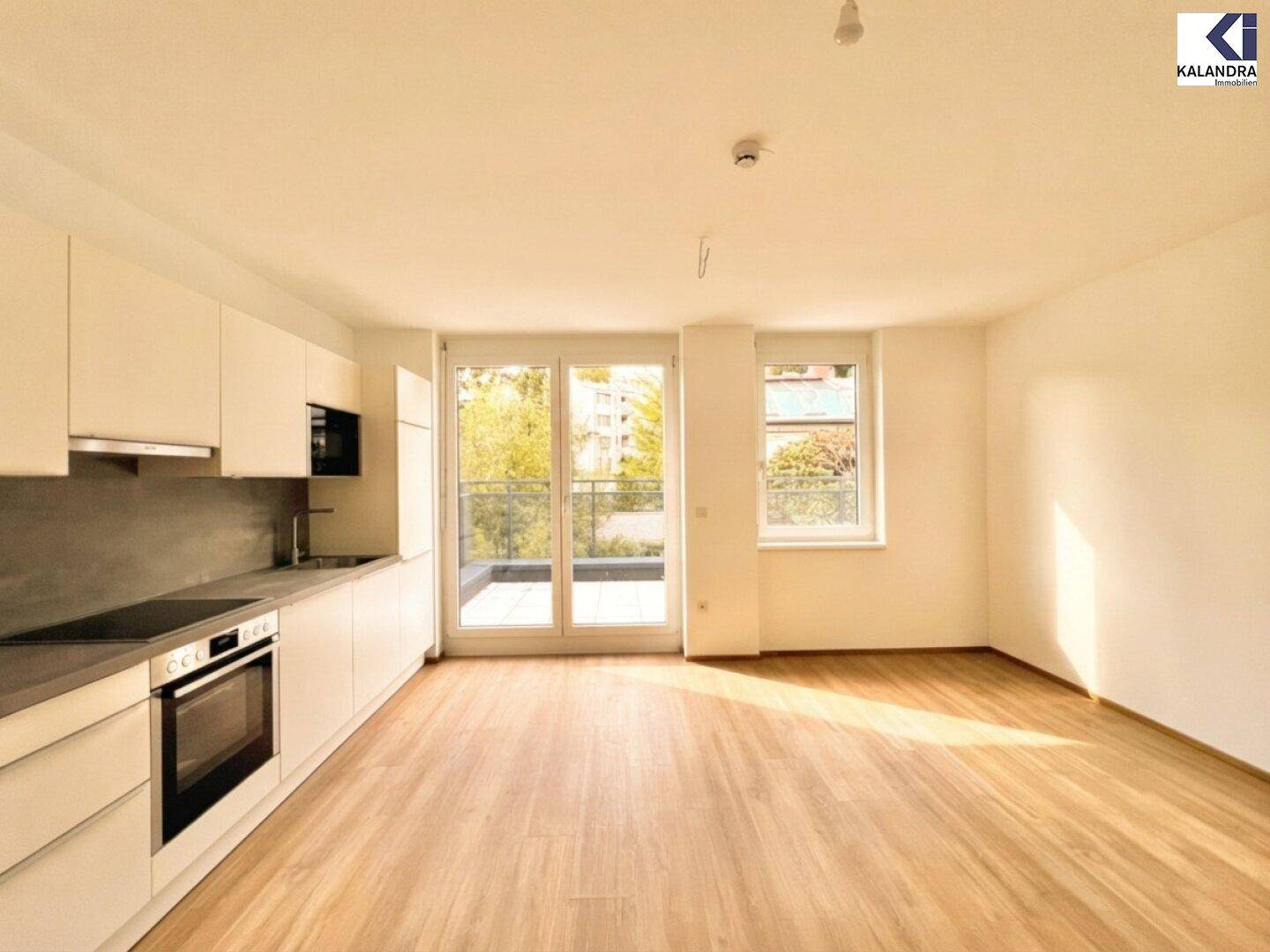 Heller offener Wohnbereich mit integrierter Küche, Holzboden und Zugang zur Terrasse.