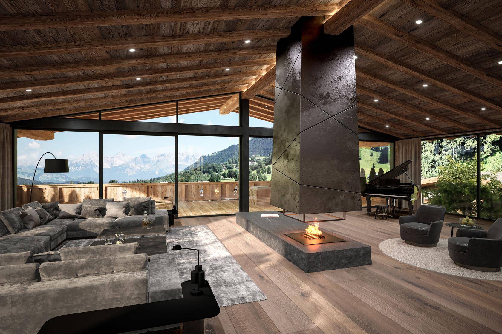 Luxuriöses Wohnzimmer mit modernem Kamin, Holzbalkendecke und Panoramafenstern mit Bergblick.