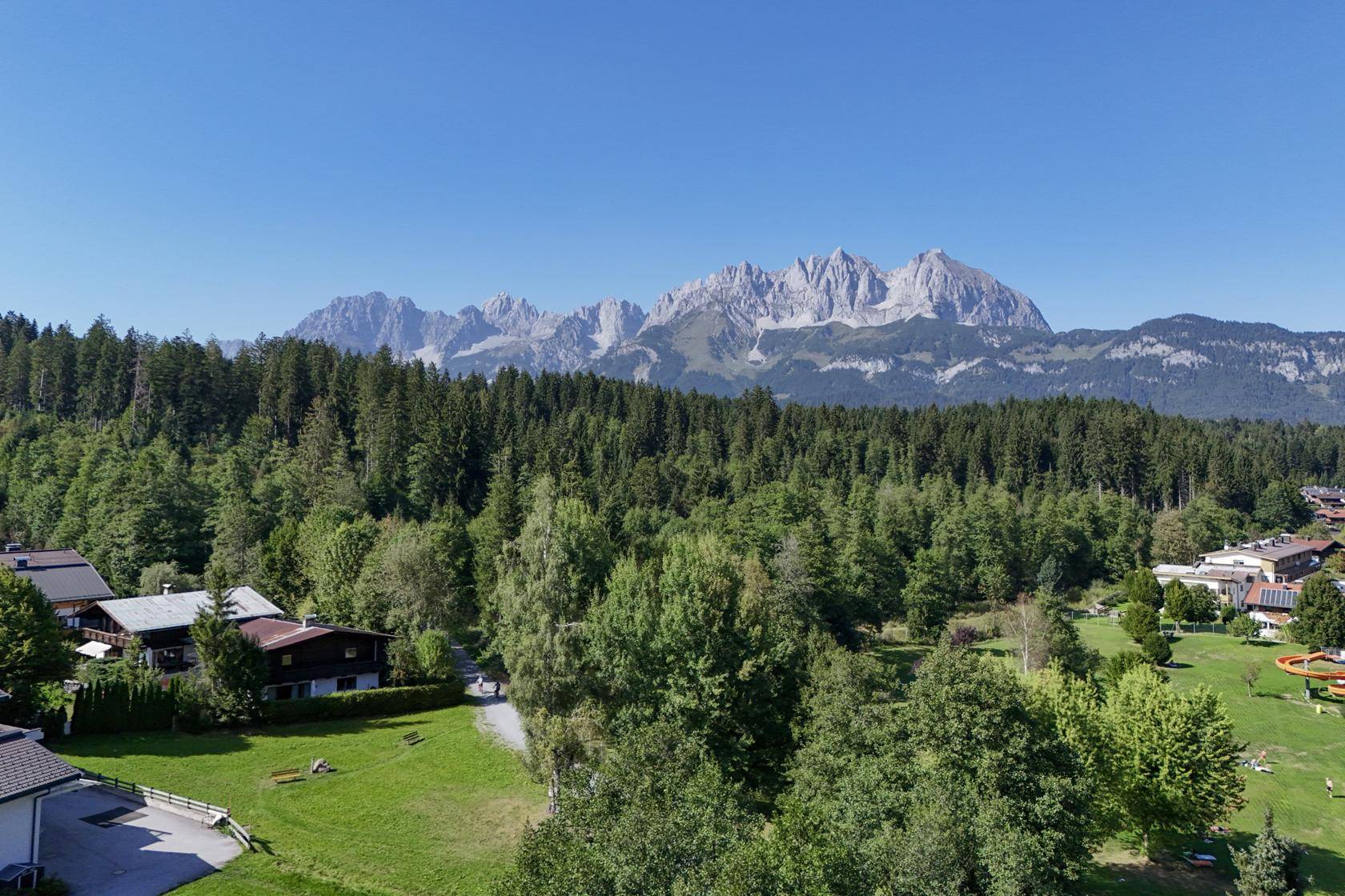 Panoramablick auf die majestätische Bergkette und dichte Wälder unter blauem Himmel.