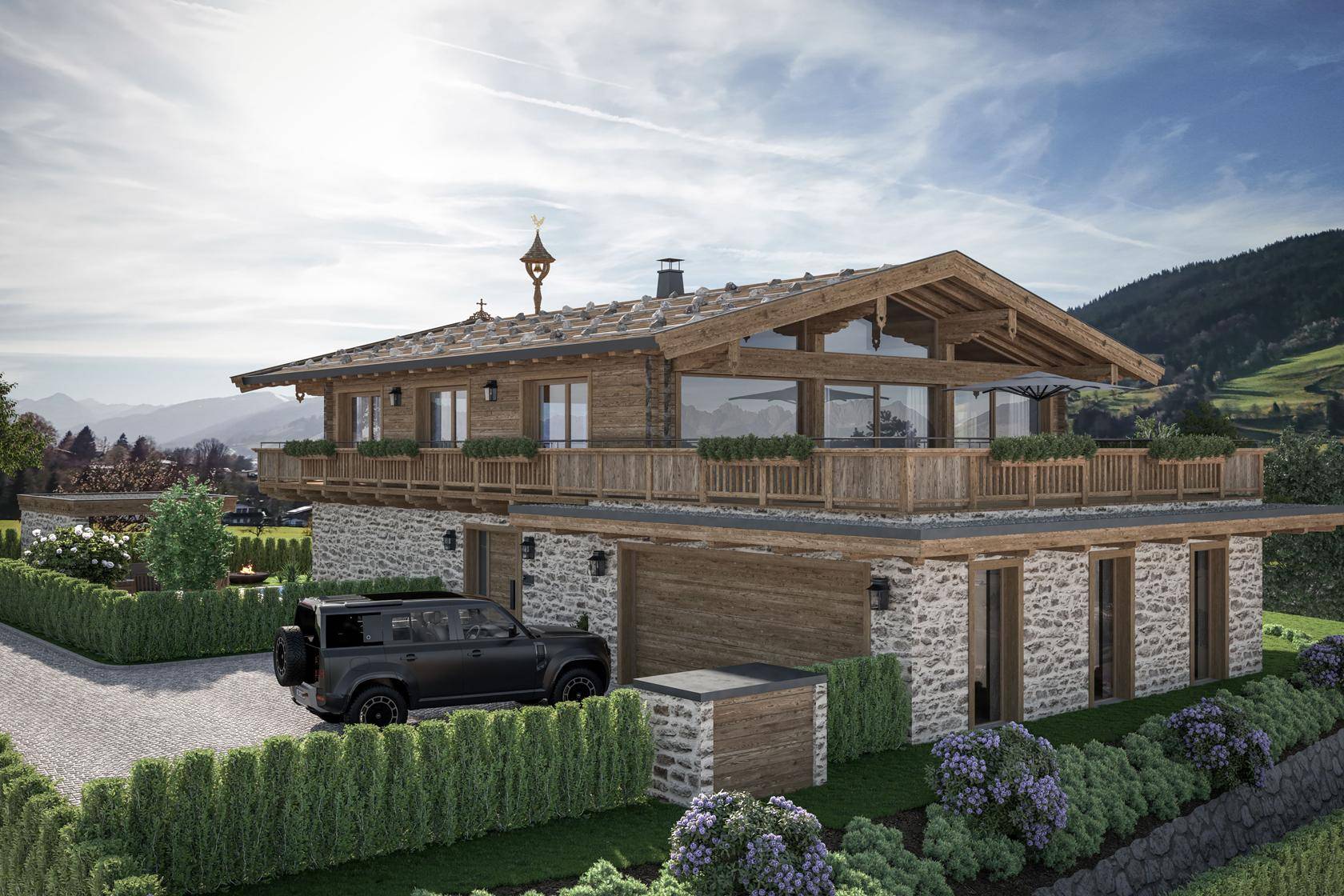 Traditionelles Chalet mit Holzfassade, Steinelementen und großem Balkon in alpiner Umgebung.