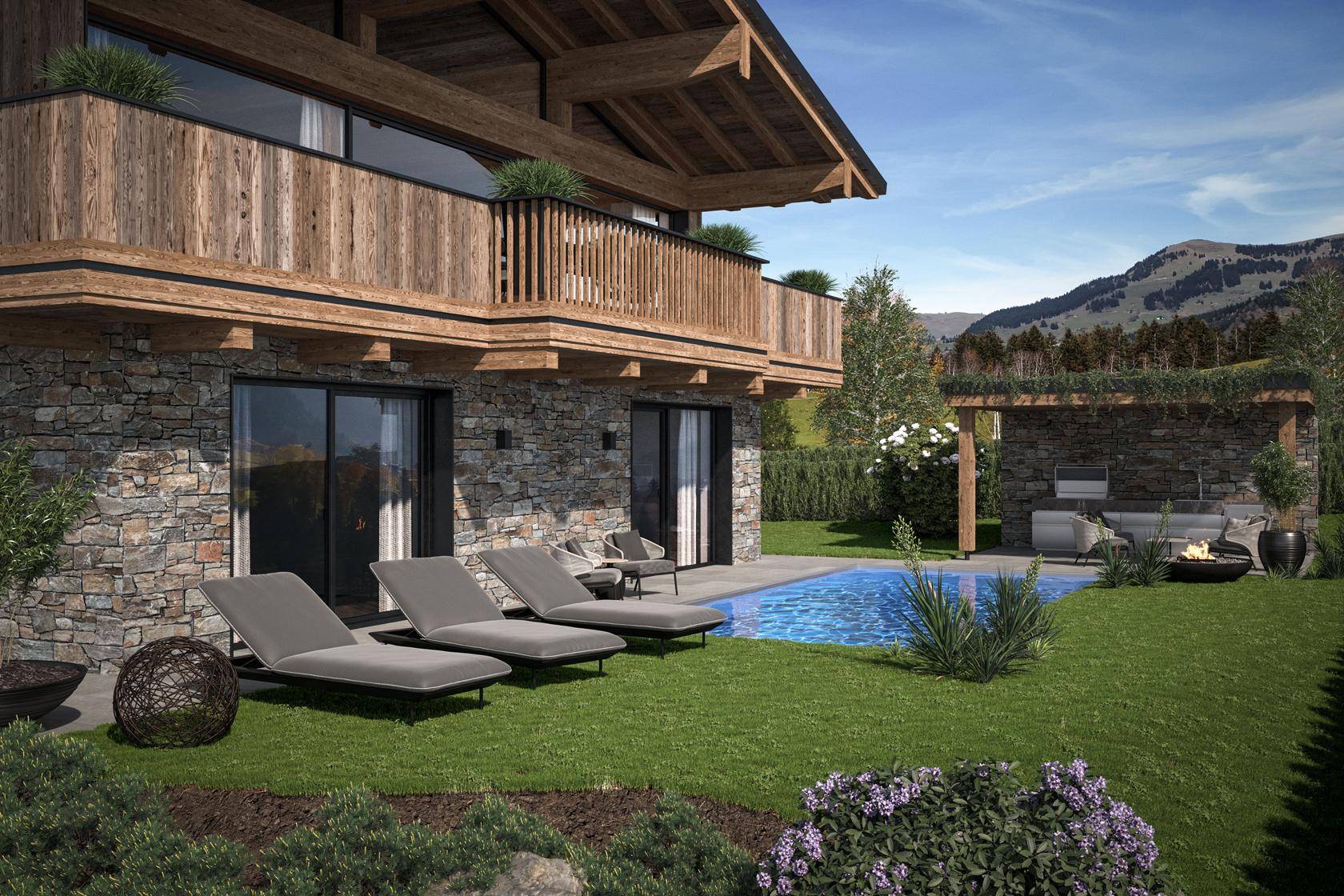 Entspannender Gartenbereich mit Pool, Sonnenliegen und Feuerstelle vor alpiner Bergkulisse.