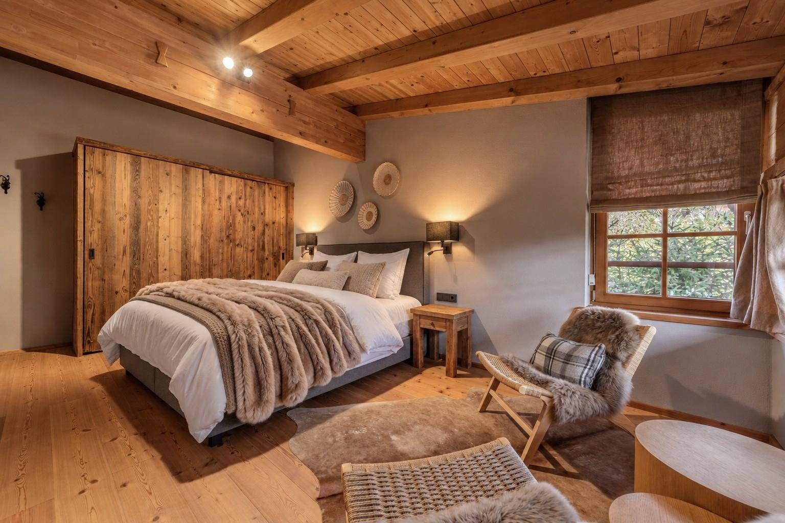 Gemütliches Schlafzimmer im alpinen Stil mit Holzbalkendecke, Holzboden und integriertem Holzschrank.
