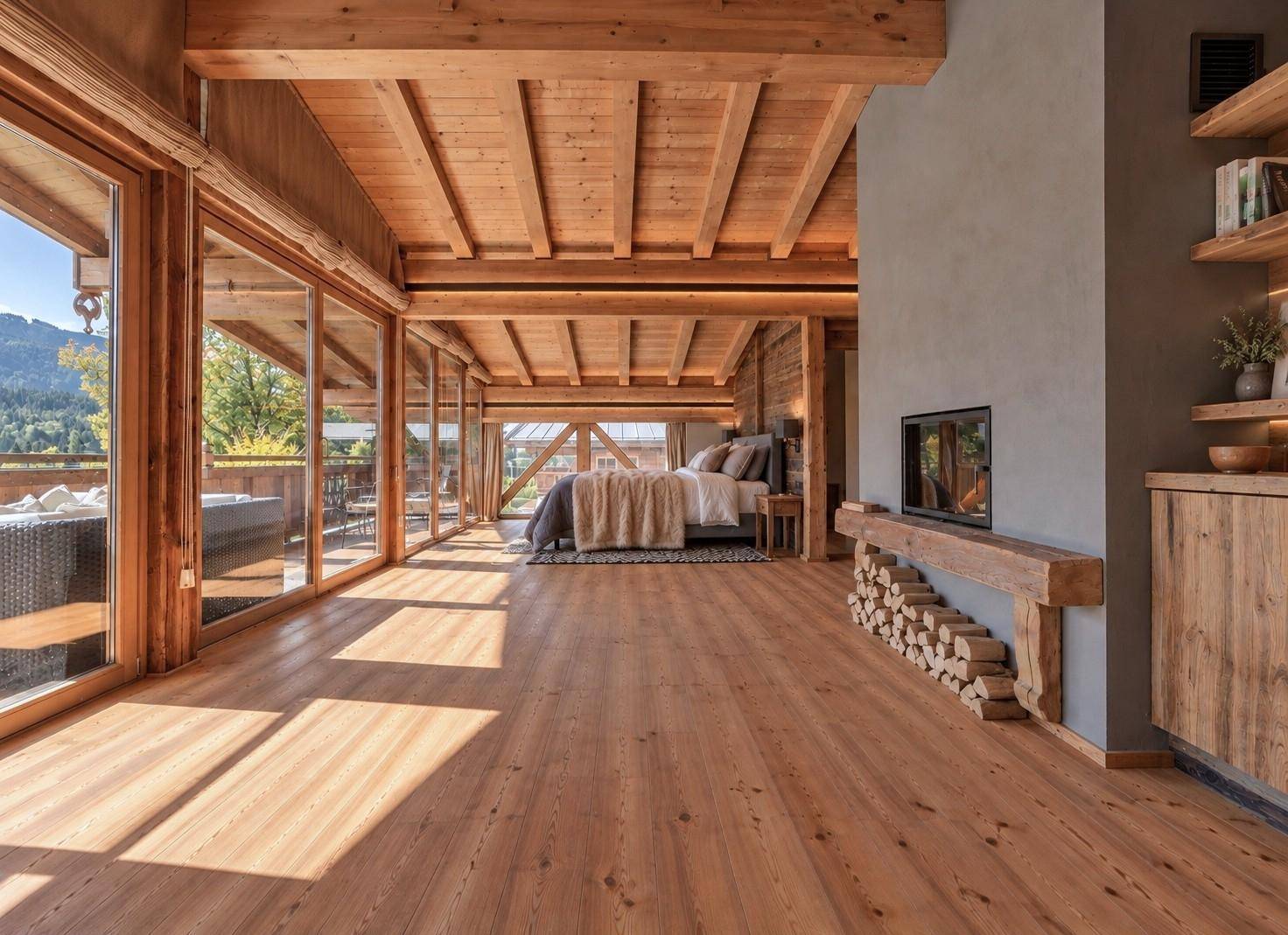 Großzügiges Schlafzimmer mit Holzbalkendecke, Holzboden und raumhohen Fenstern mit Bergblick.