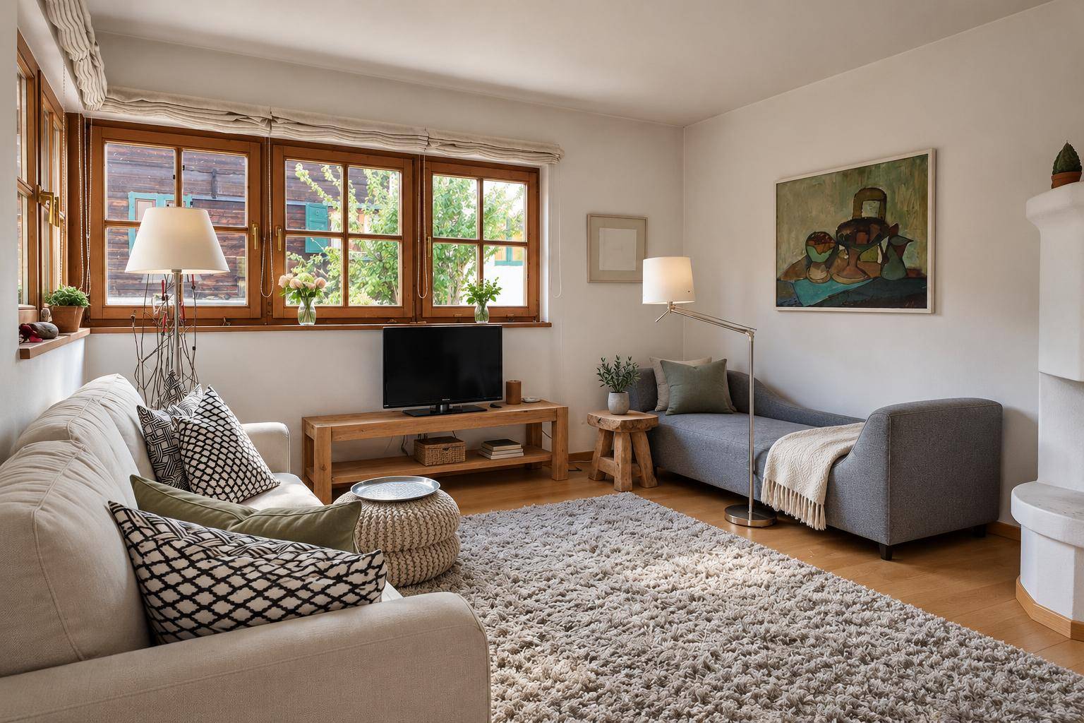 Gemütliches Wohnzimmer mit Sofa, Chaiselongue, Fernseher und großen Fenstern für viel Tageslicht.