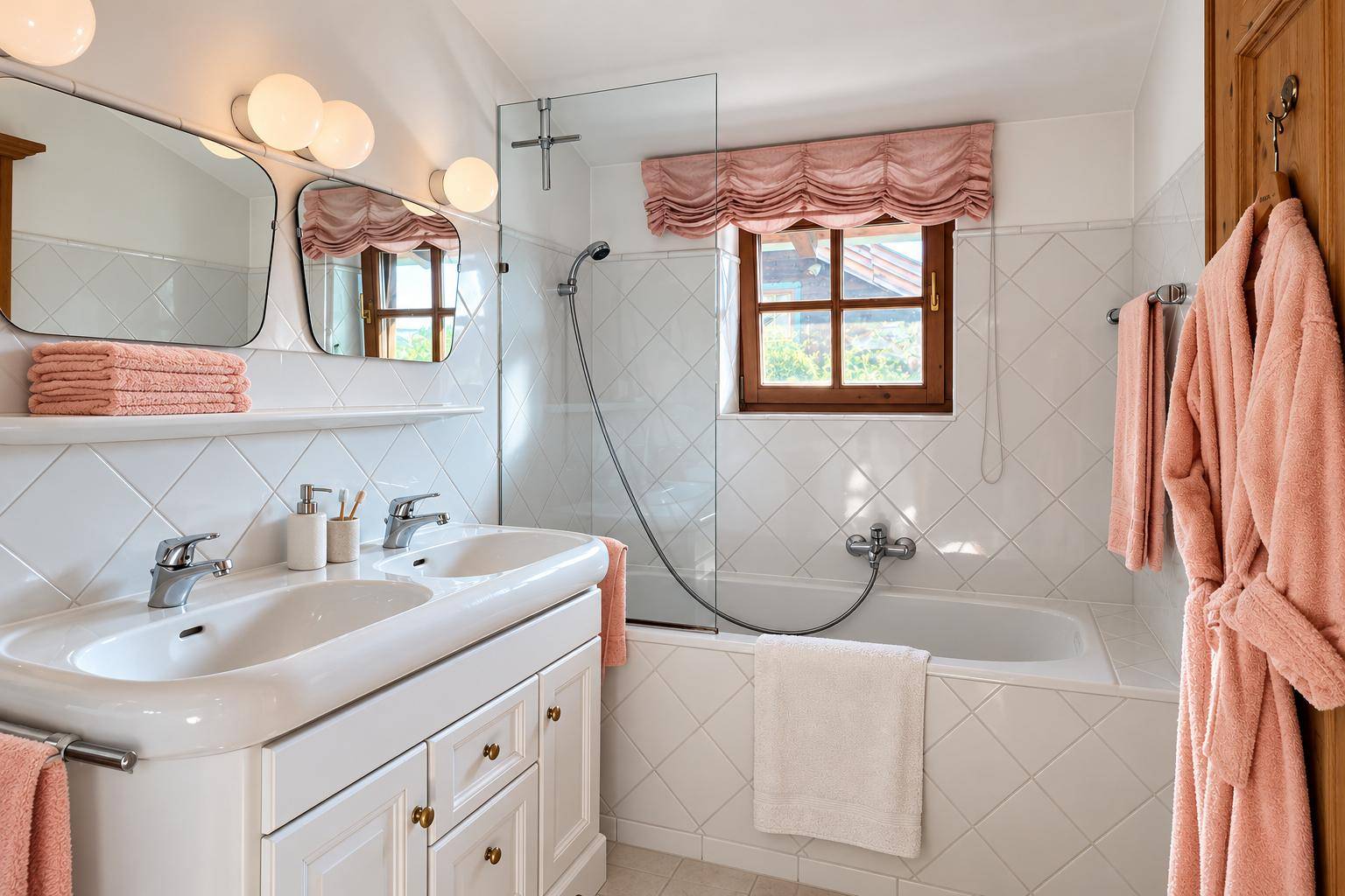 Helles Badezimmer mit Doppelwaschbecken, Badewanne mit Duschfunktion und weißen Fliesen.