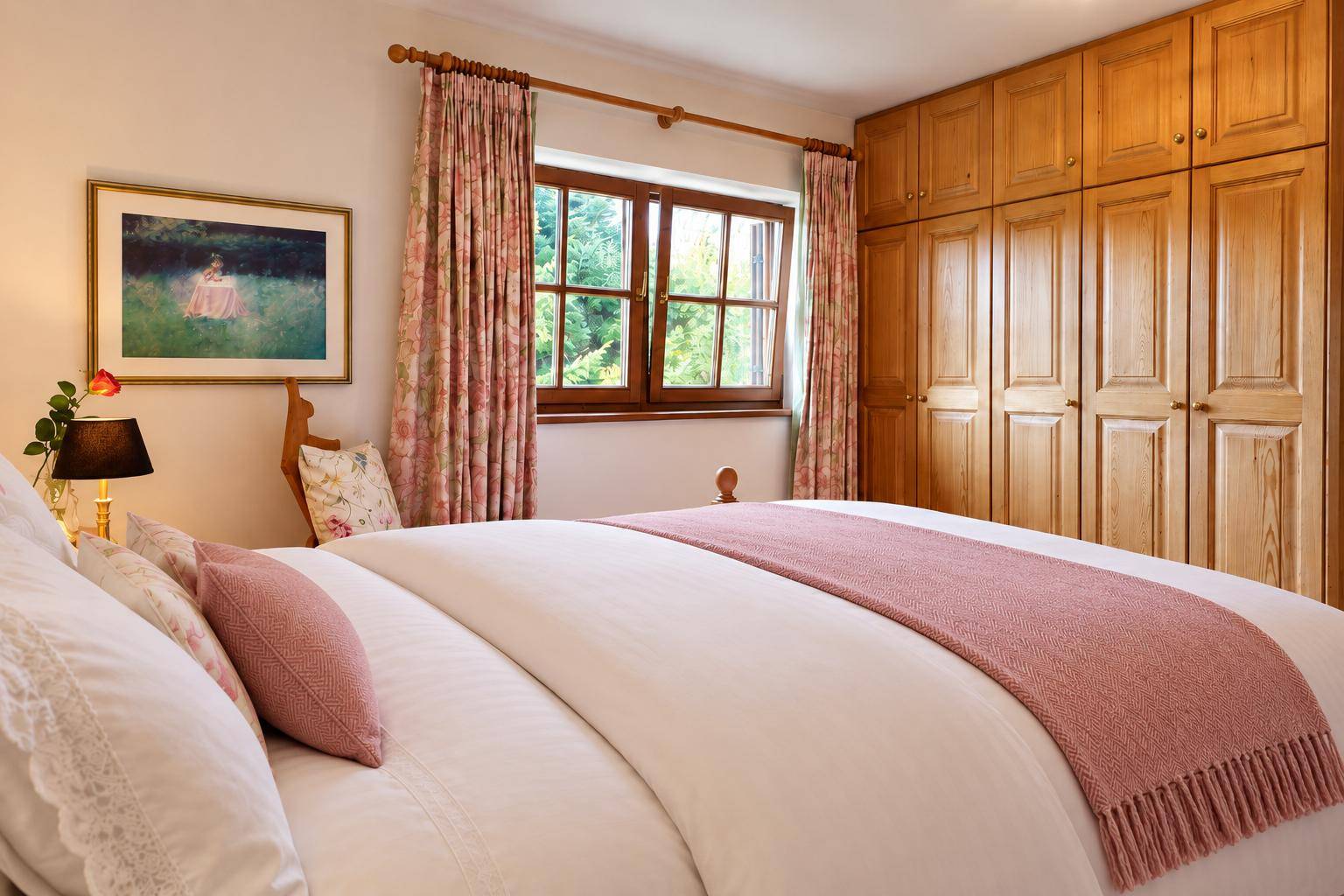 Helles Schlafzimmer mit großem Bett, Einbauschränken aus Holz und Fenster mit floralen Vorhängen.