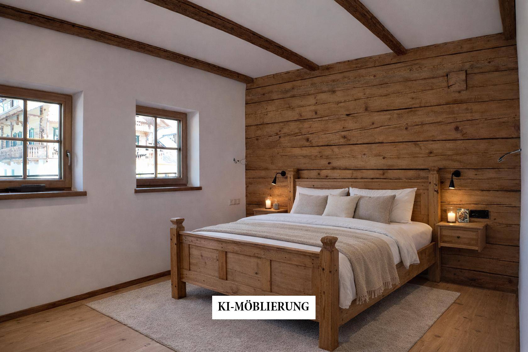 Gemütliches Schlafzimmer im alpinen Stil mit Holzbalken, Holzwand und bequemen Bett.