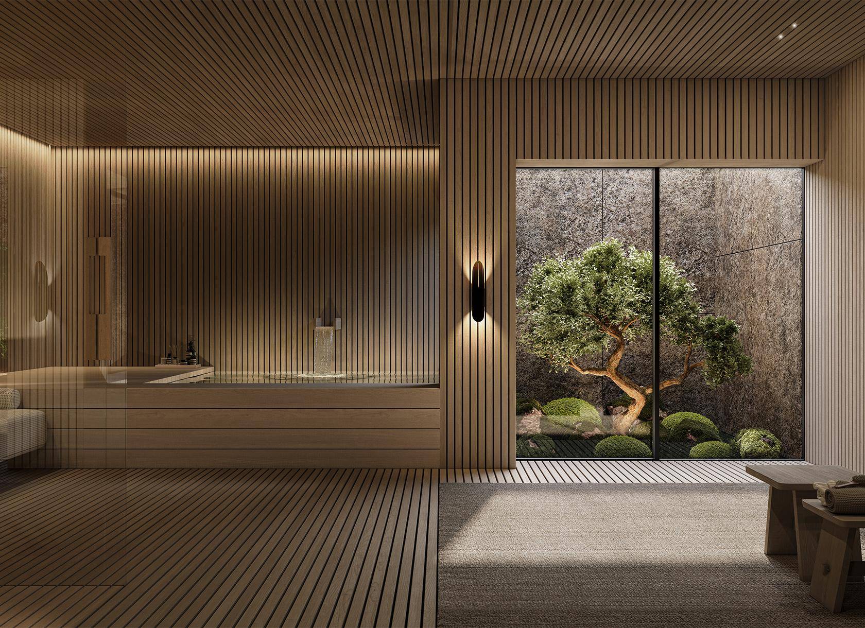 Exklusiver Wellnessbereich mit Sauna, Holzverkleidung und Blick auf einen Zen-Garten.